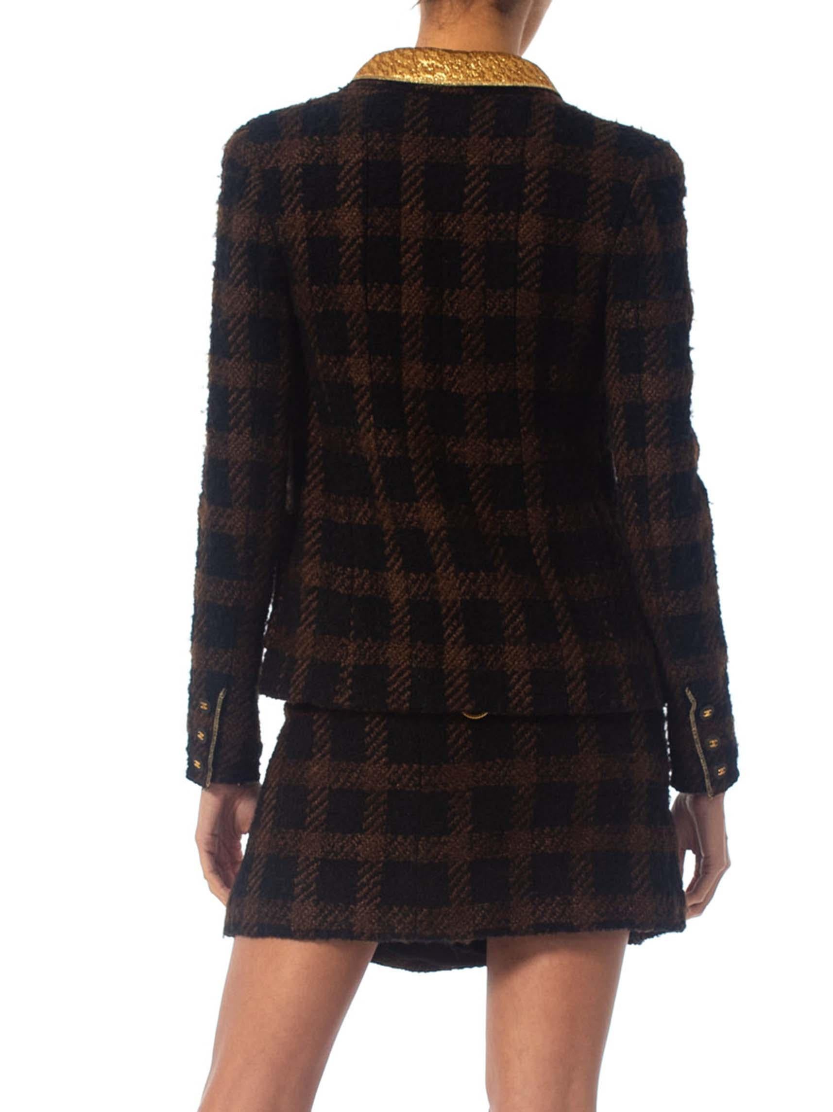 1990S CHANEL Black & Brown With  Gold Lamé Wool Mini Skirt Suit Lined In Silk For Sale 6