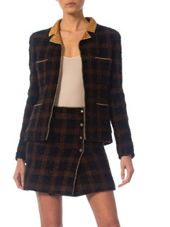 1990S CHANEL Black & Brown With  Gold Lamé Wool Mini Skirt Suit Lined In Silk