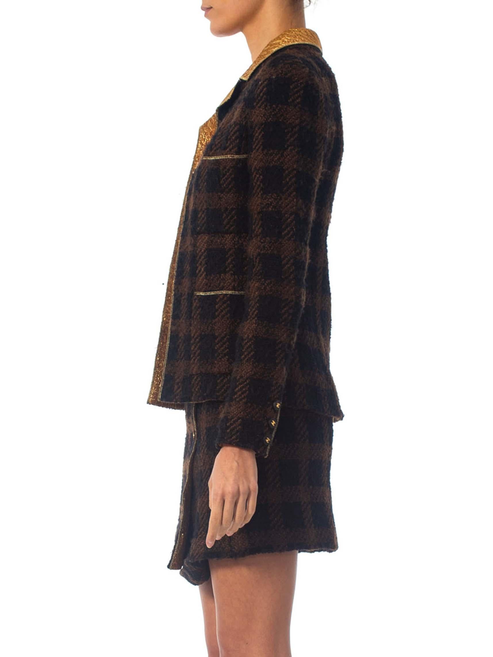 1990S CHANEL Black & Brown With  Gold Lamé Wool Mini Skirt Suit Lined In Silk In Excellent Condition For Sale In New York, NY