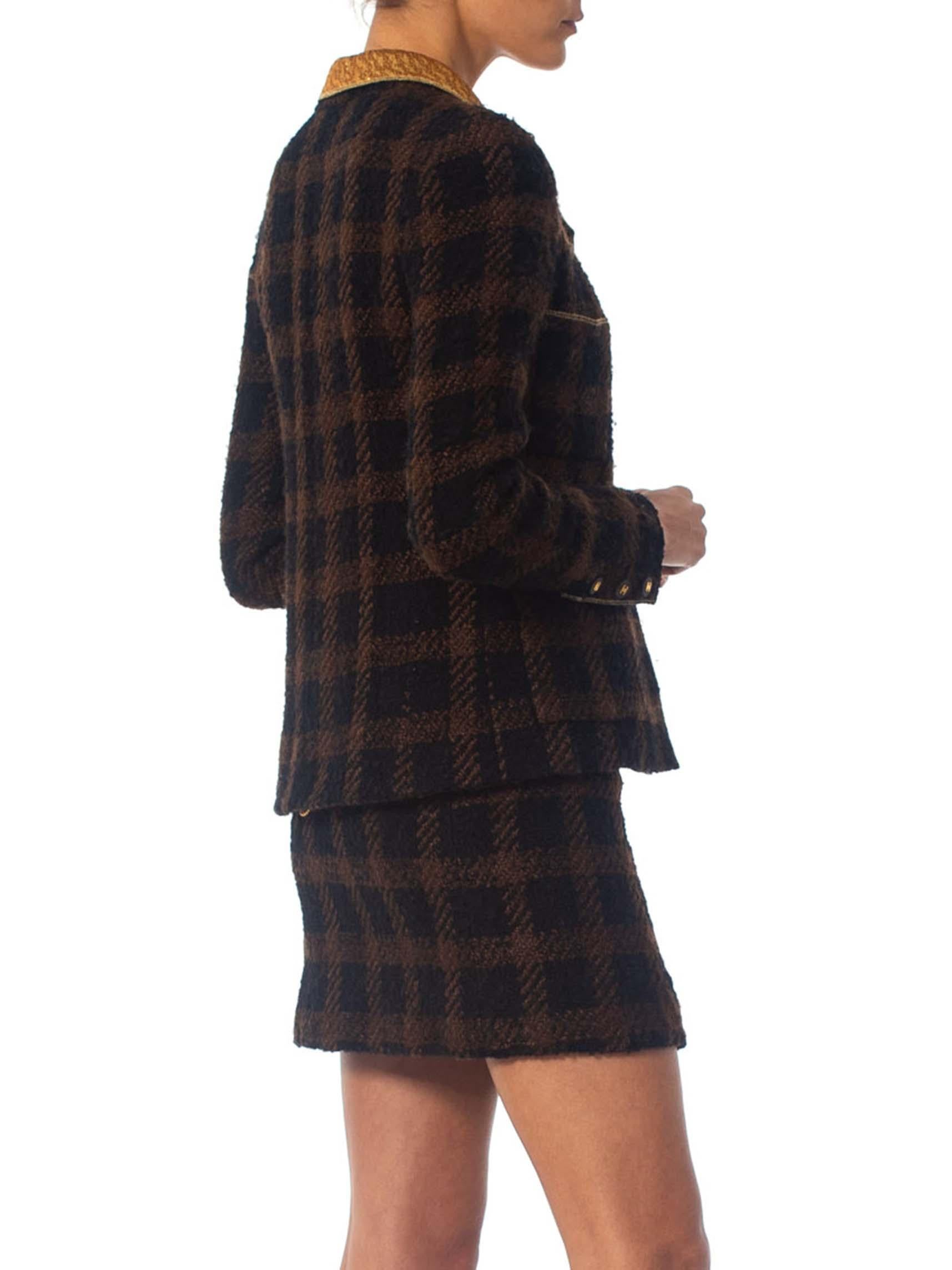 Women's 1990S CHANEL Black & Brown With  Gold Lamé Wool Mini Skirt Suit Lined In Silk For Sale
