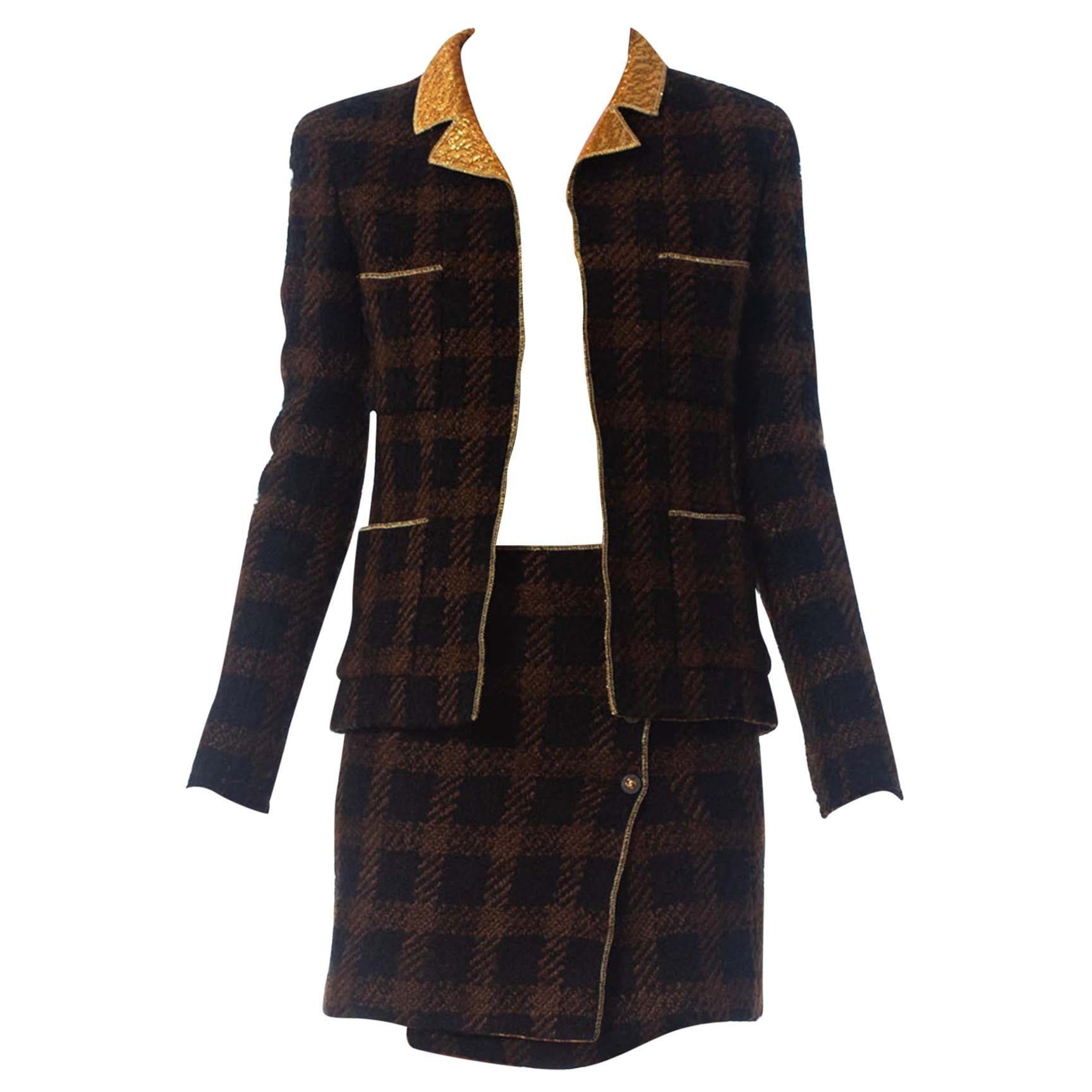 1990S CHANEL Black & Brown With  Gold Lamé Wool Mini Skirt Suit Lined In Silk For Sale