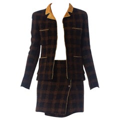 1990S CHANEL Black & Brown With  Gold Lamé Wool Mini Skirt Suit Lined In Silk