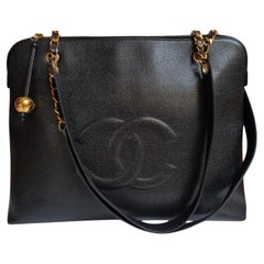 Vintage 1990s Chanel Black Caviar Leather Large Timeless Zip Bag