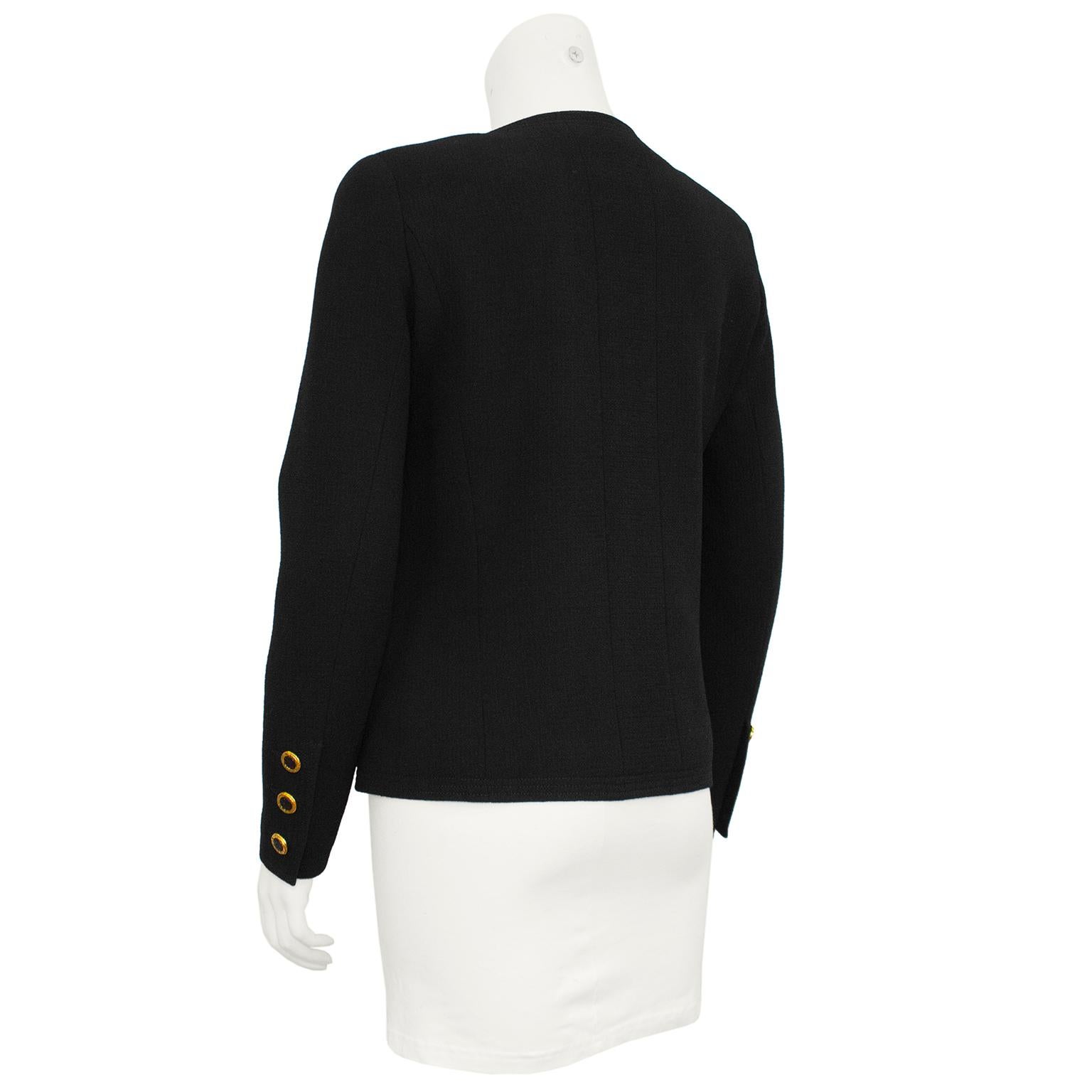 1990s Chanel Black Collarless Jacket with Gold Buttons In Good Condition For Sale In Toronto, Ontario