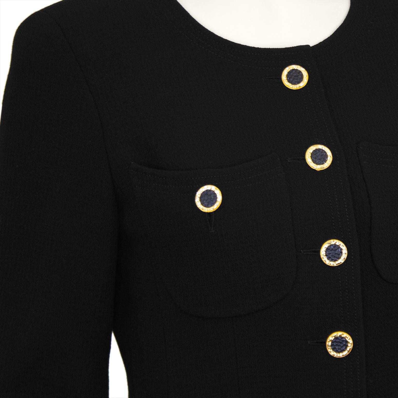 Women's 1990s Chanel Black Collarless Jacket with Gold Buttons For Sale
