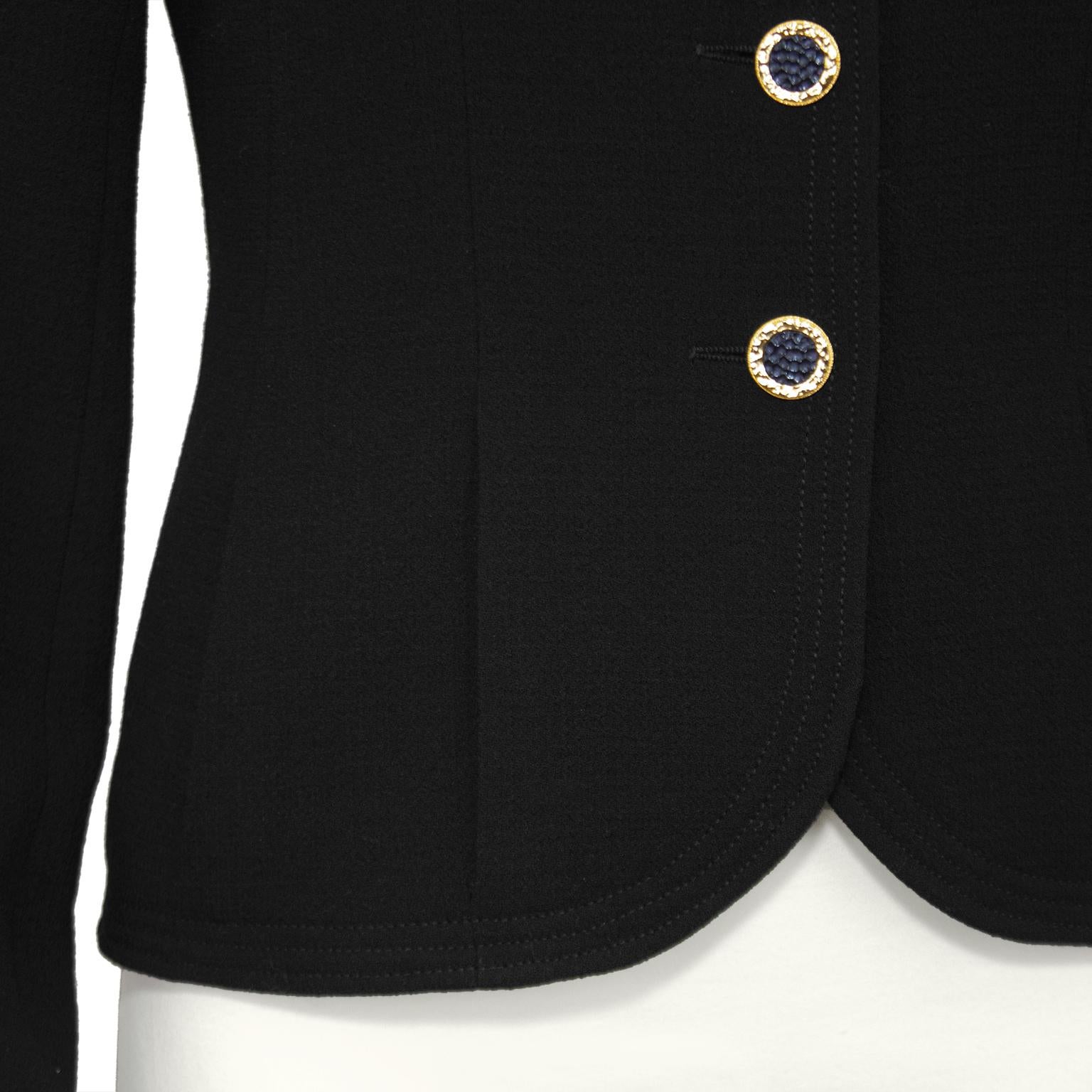 1990s Chanel Black Collarless Jacket with Gold Buttons For Sale 1