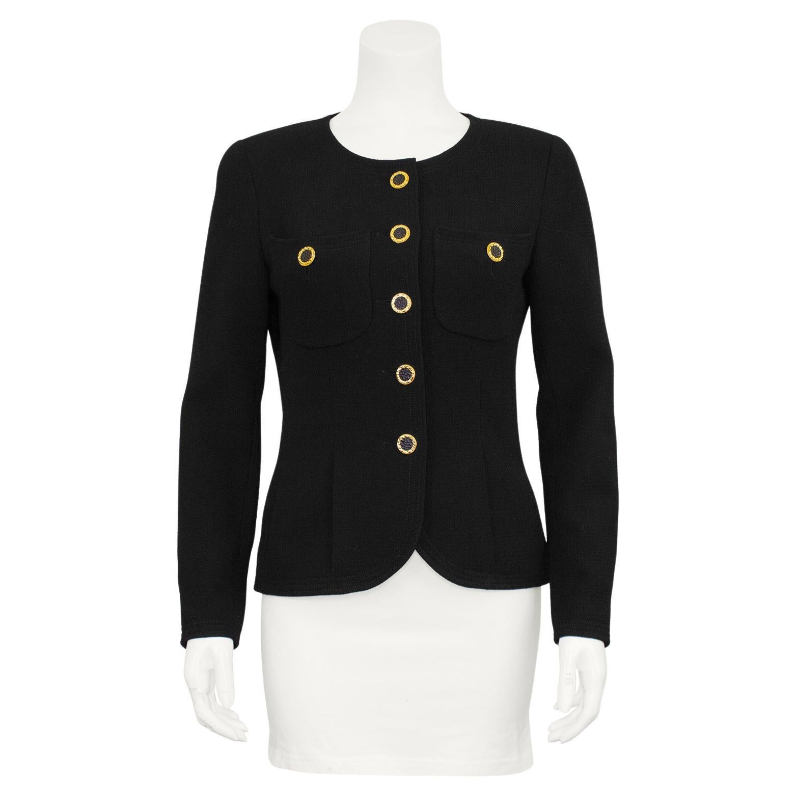 1990s Chanel Black Collarless Jacket with Gold Buttons For Sale