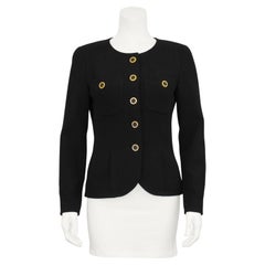 1990s Chanel Black Collarless Jacket with Gold Buttons