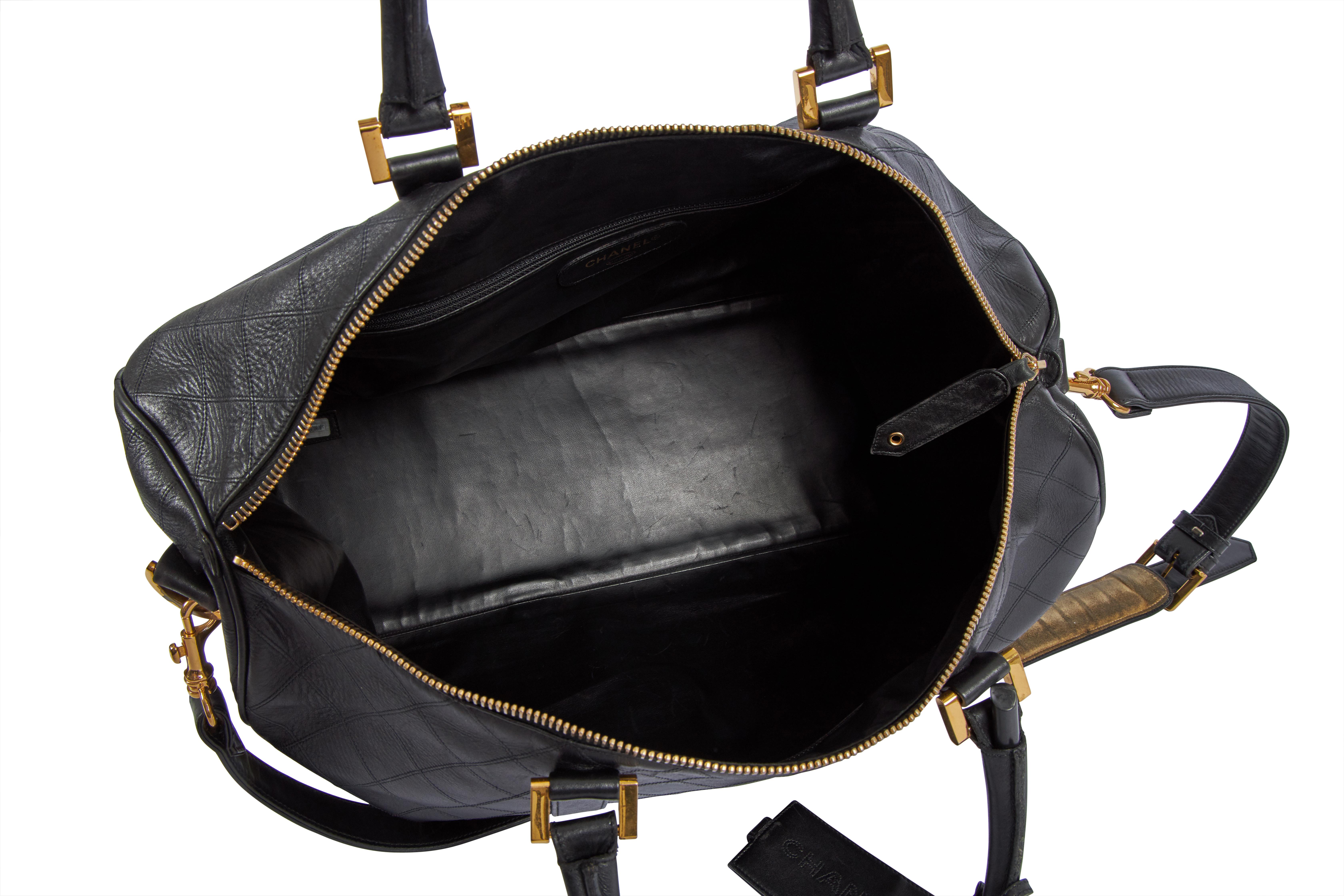 Women's 1990's Chanel Black Flat Diamond Keepall Luggage Bag