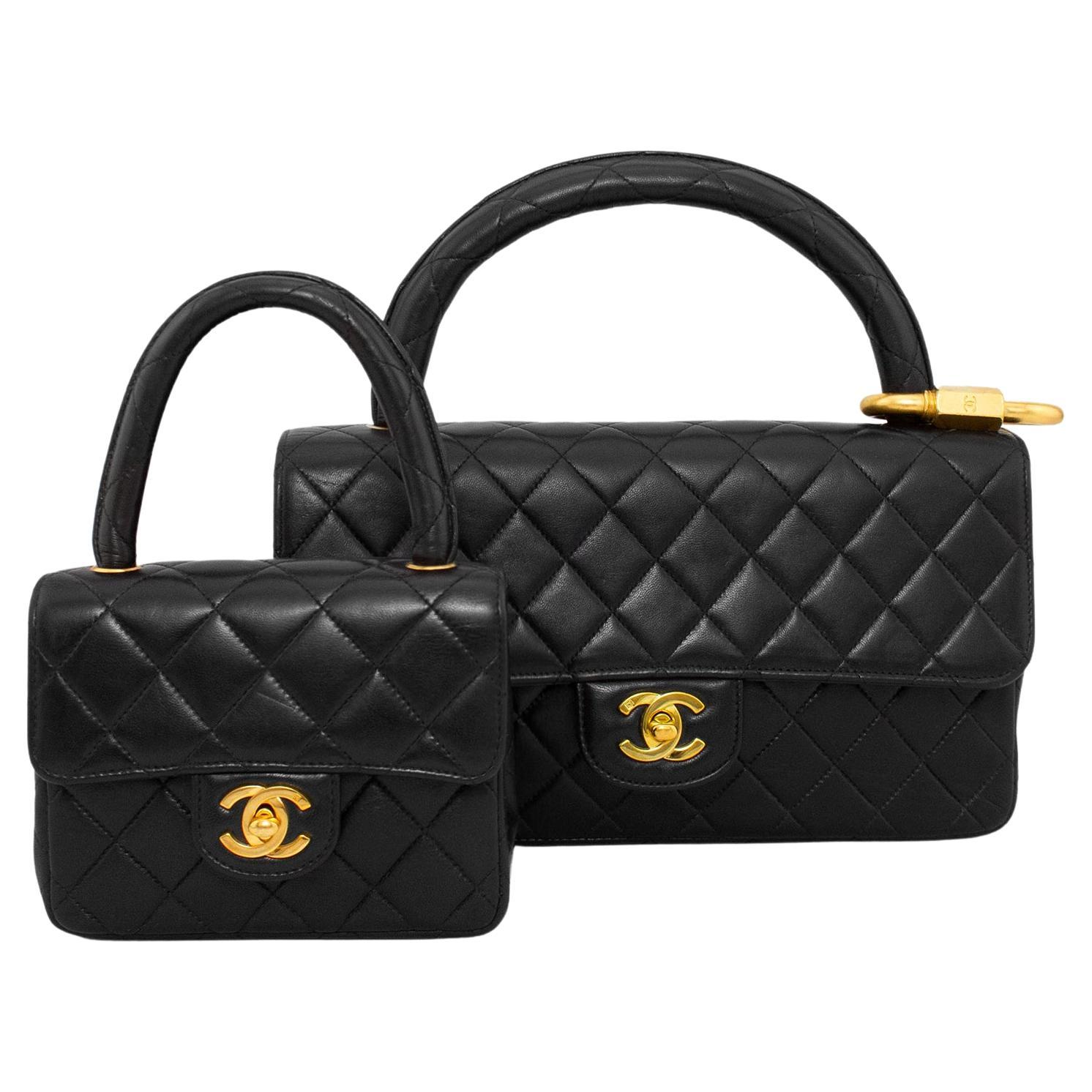 More is more! This set of Chanel medium and small twin bags from the 1990s is fabulous. Both bags are the quilted lambskin in the classic Chanel single flap shape. Leather top handles and gold tone metal cc logo twist locks. The medium has two