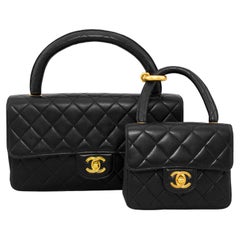 Vintage 1990s Chanel Black Lambskin Classic Single Flap Double Twin Bags 