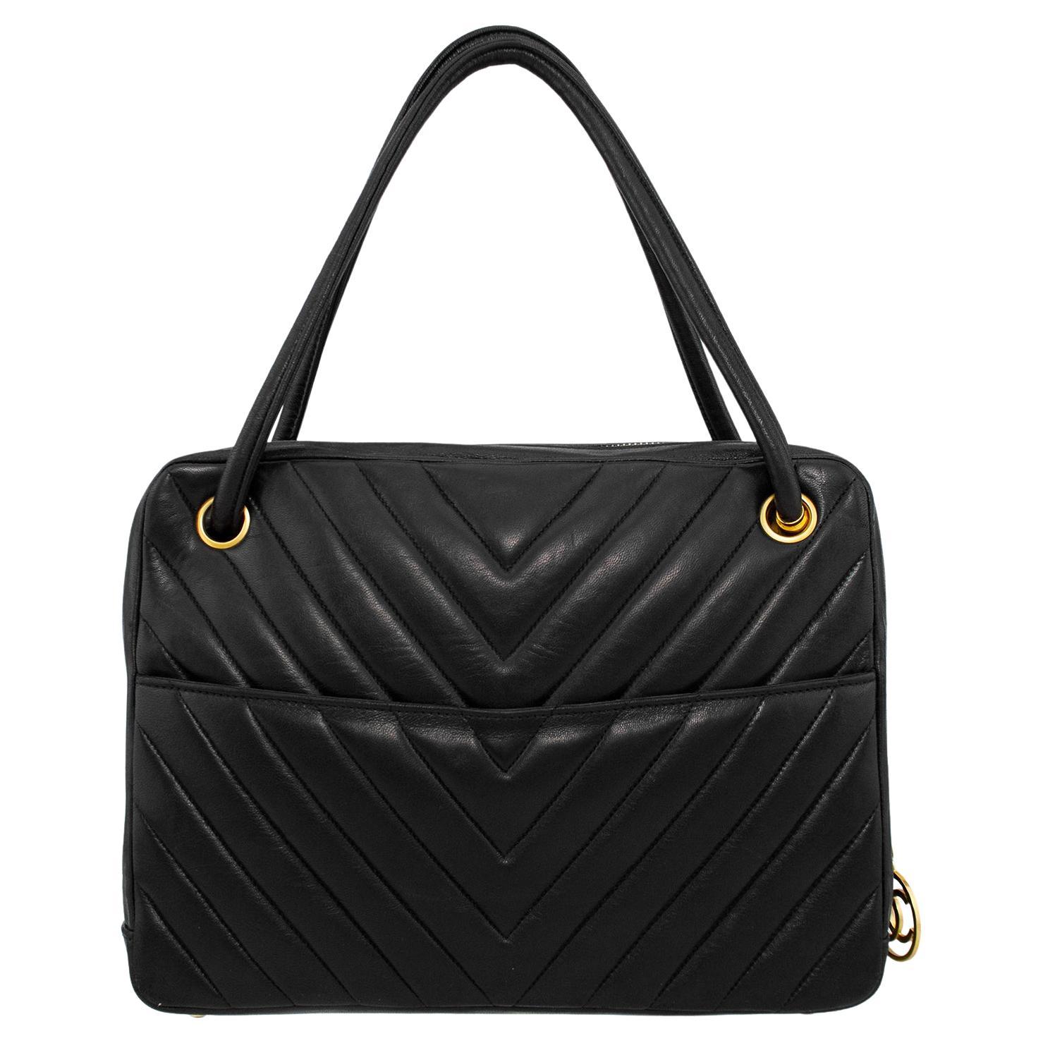 1990s Chanel Black Lambskin Leather Chevron Large Camera Bag  For Sale