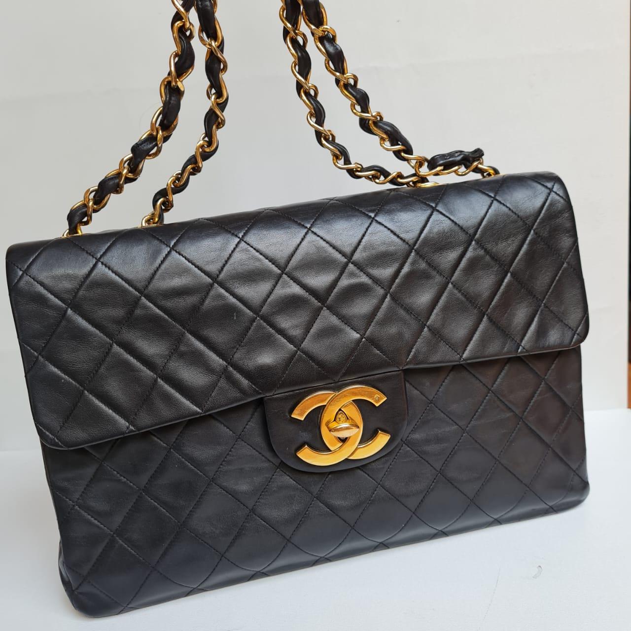 1990s Chanel Black Lambskin Leather Maxi Flap Bag 9