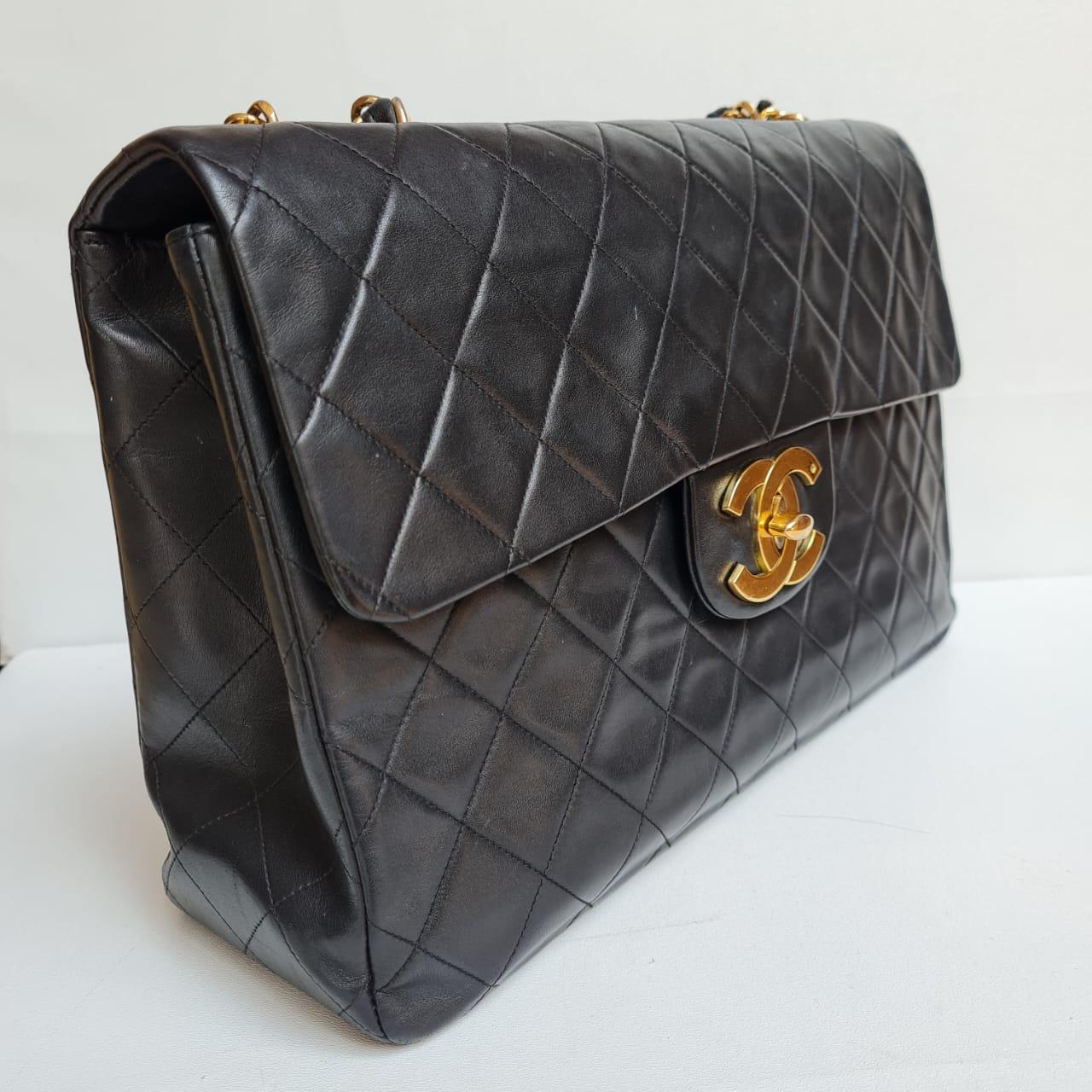 1990s Chanel Black Lambskin Leather Maxi Flap Bag 1