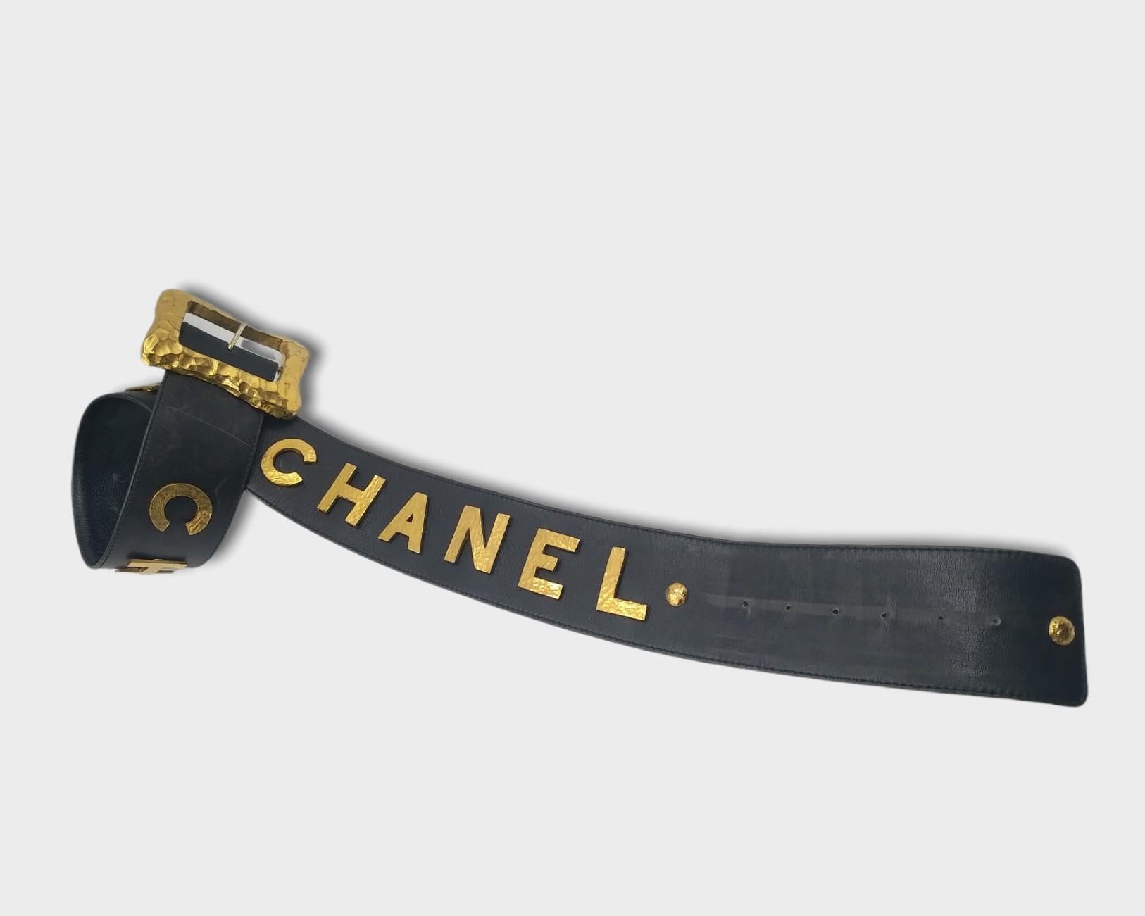 Black 1990s Chanel black leather belt Gold Iconic written Chanel 