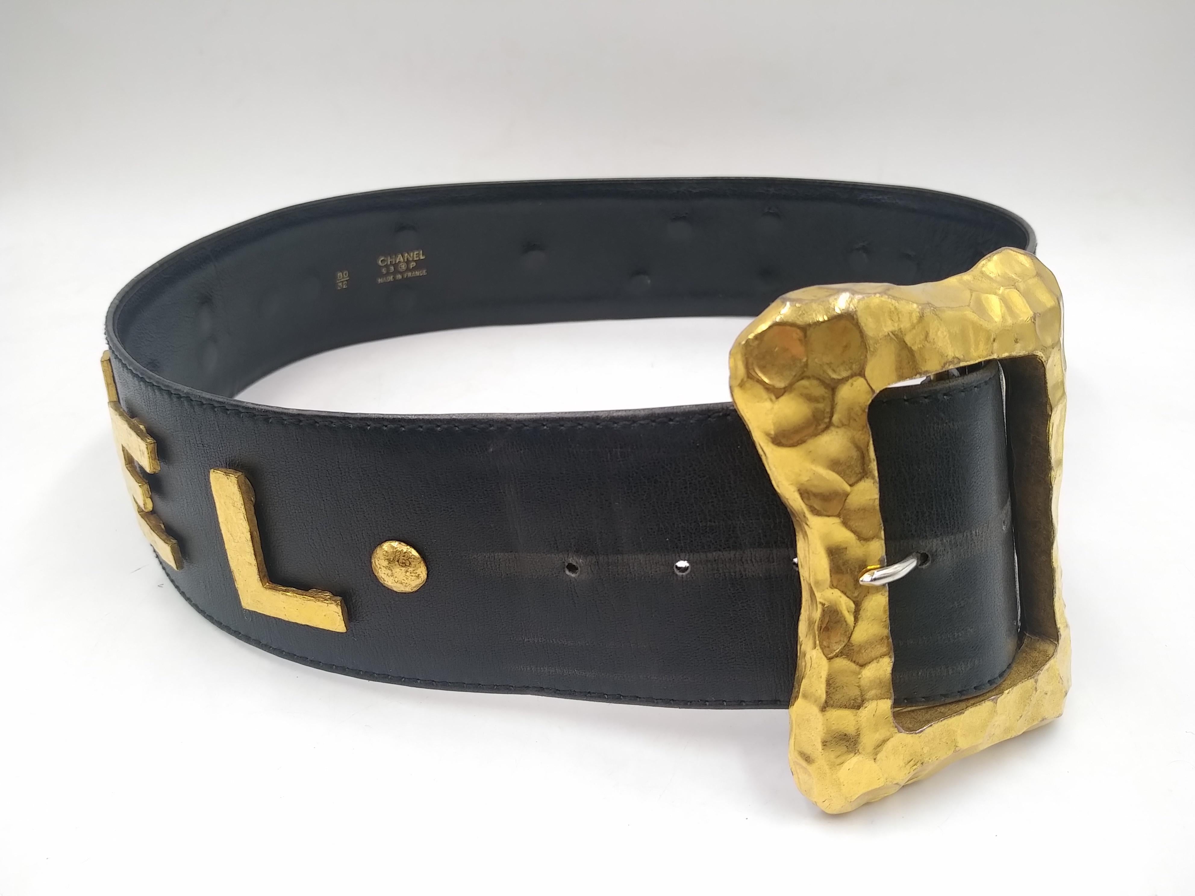 1990s Chanel black leather belt Gold Iconic written Chanel  In Good Condition In Lugano, Ticino