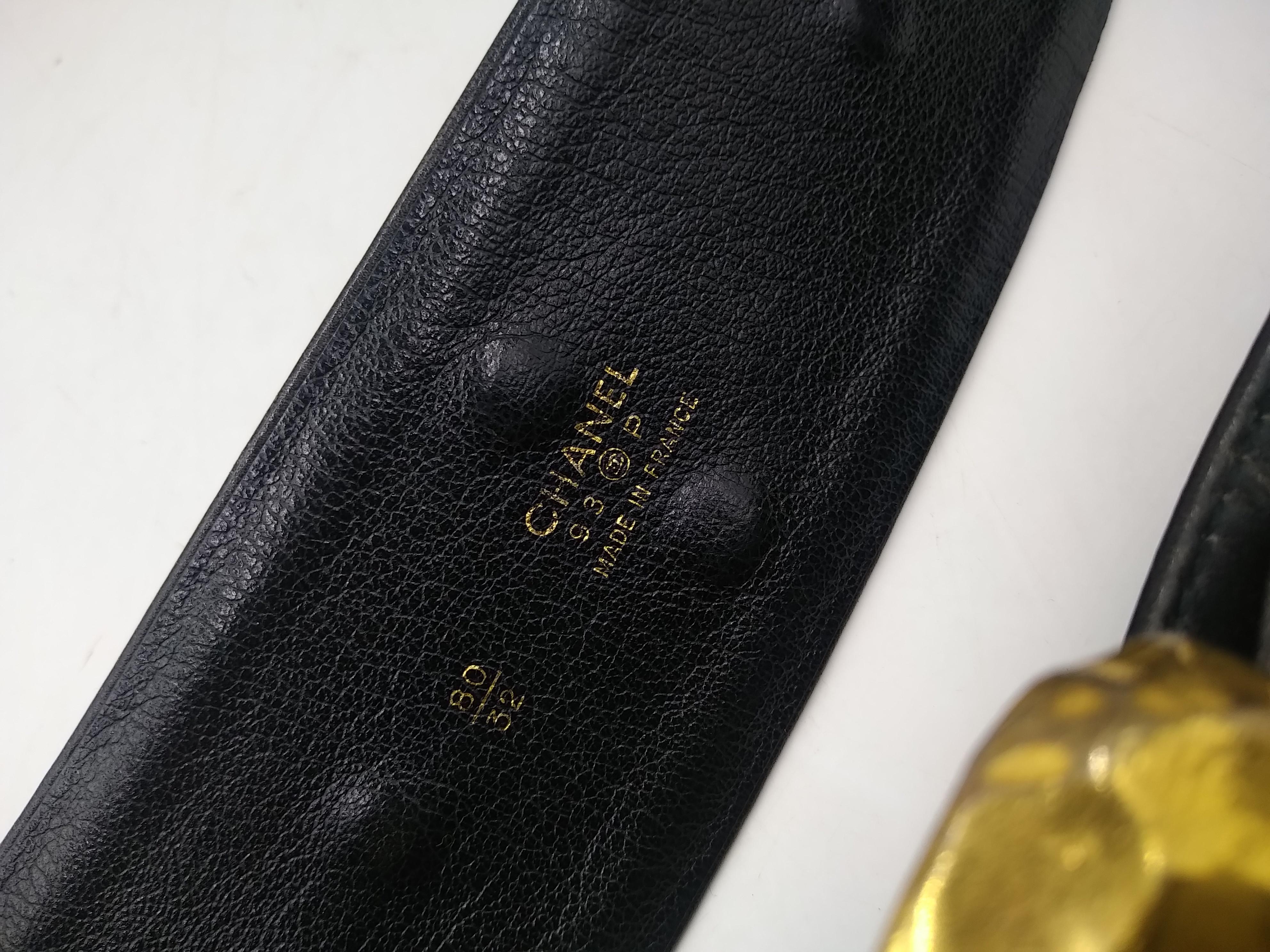 1990s Chanel black leather belt Gold Iconic written Chanel  1