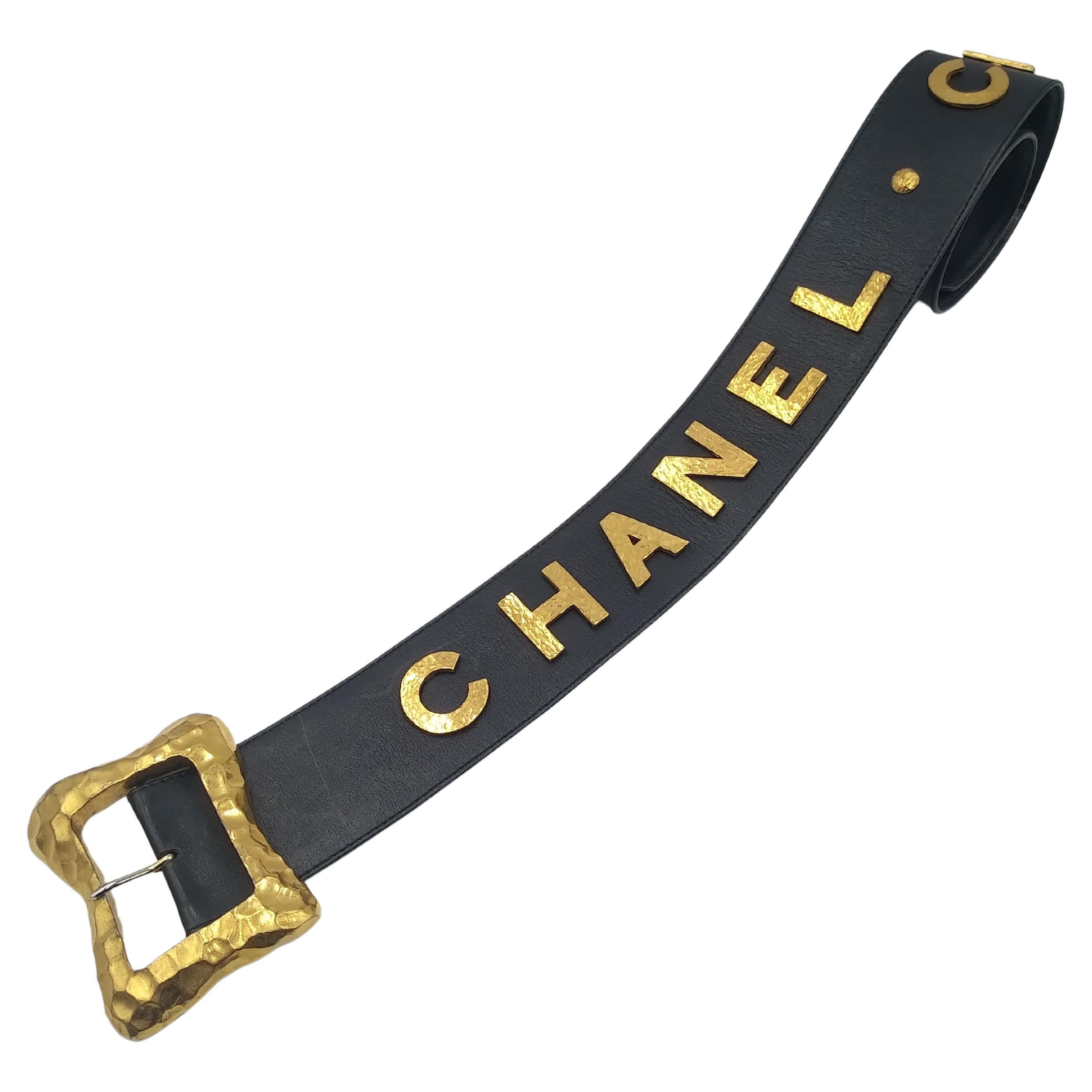 1990s Chanel black leather belt Gold Iconic written Chanel 