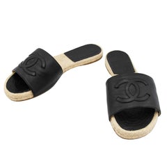 1990s Chanel Black Leather Espadrille Slides