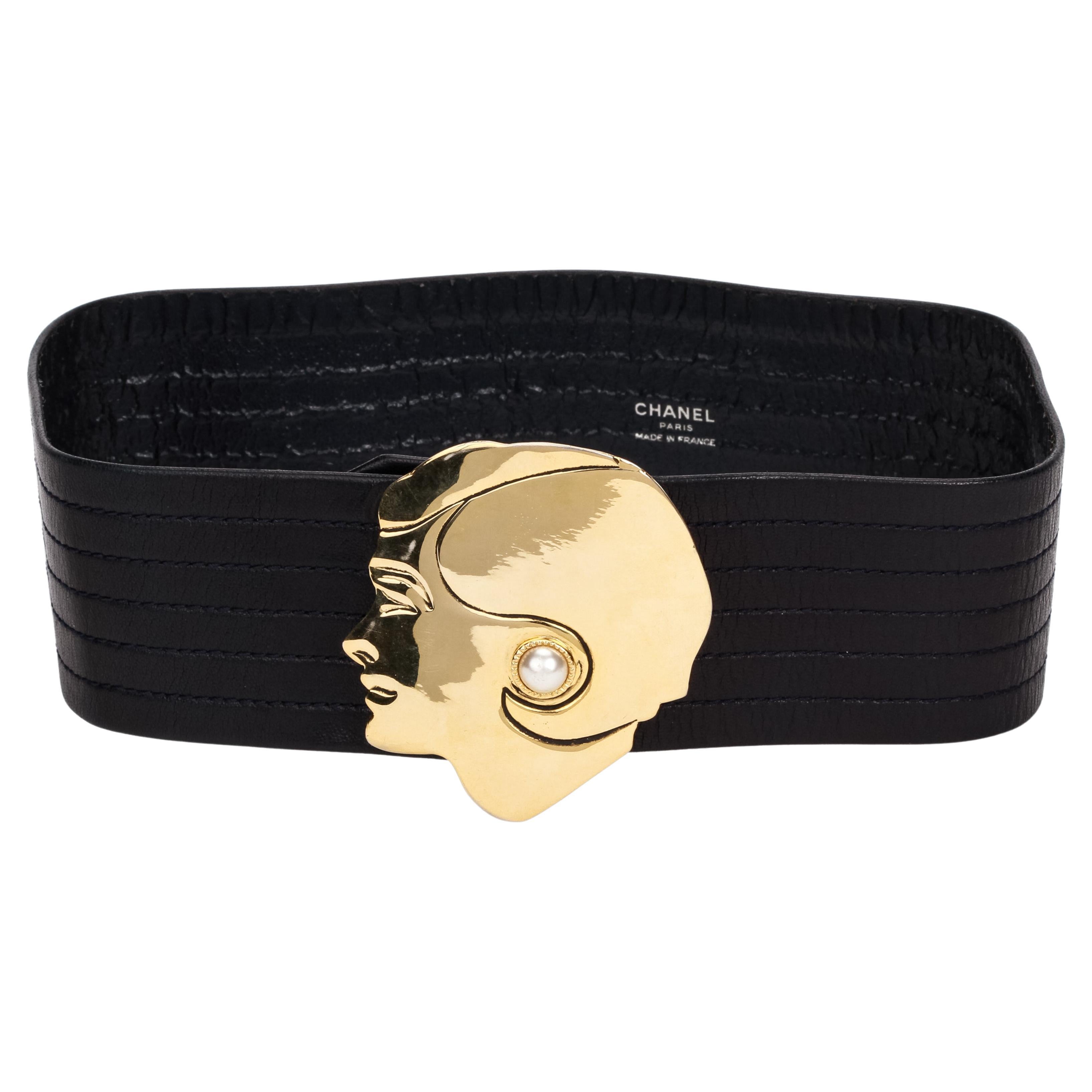 1990's Chanel Black Leather Gold Coco Buckle Belt with Pearl 70cm For Sale