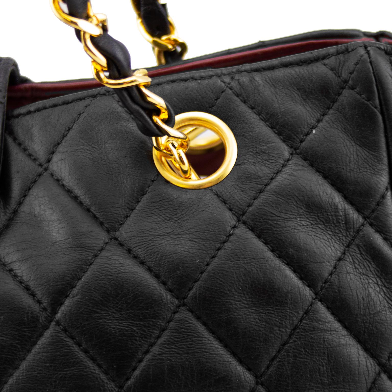1980s Chanel Black Leather Quilted Medium Tote with Chain Handles  1