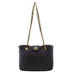 Vintage 1980s Chanel Black Leather Quilted Medium Tote with Chain Handles