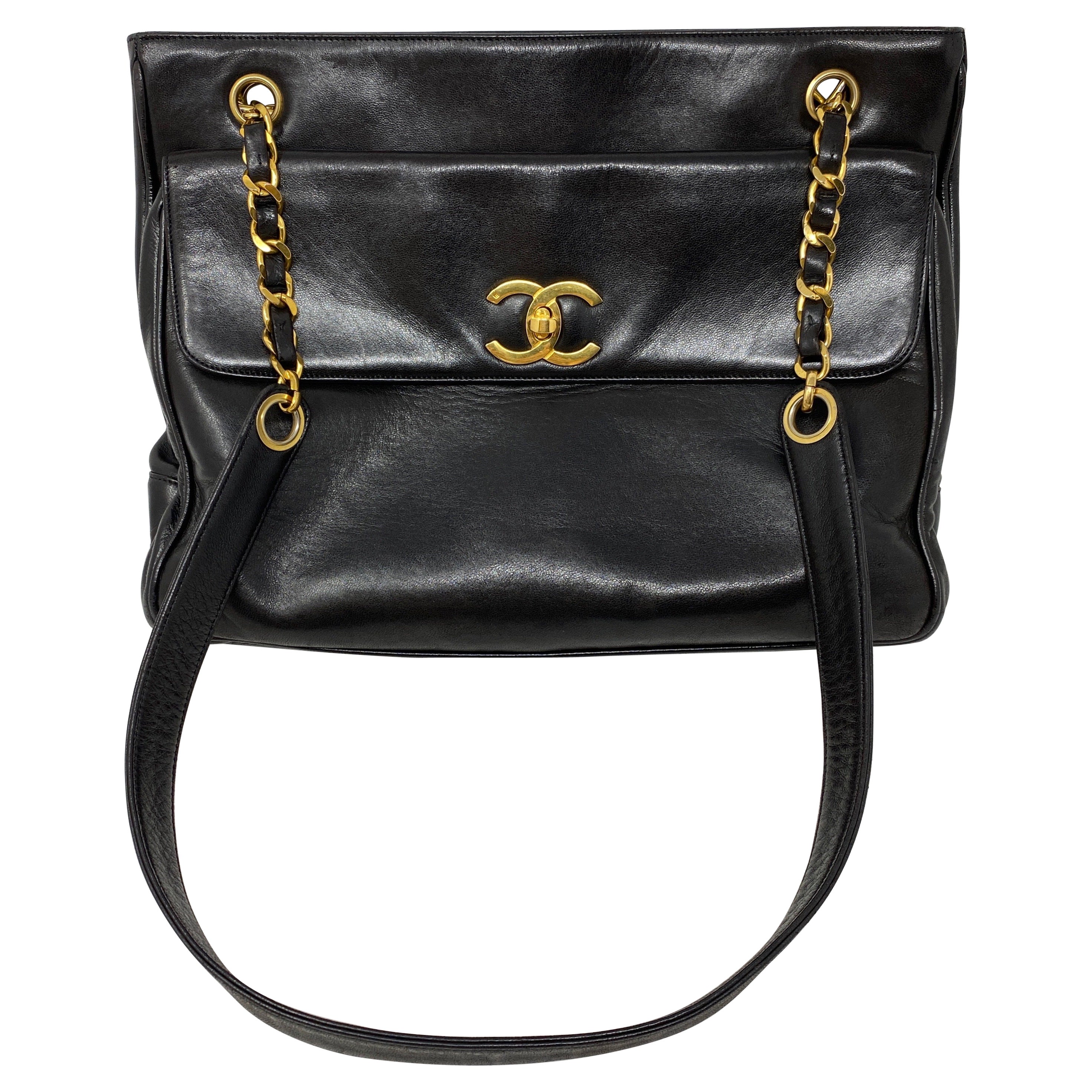 1990s Chanel Black Leather Tote Bag