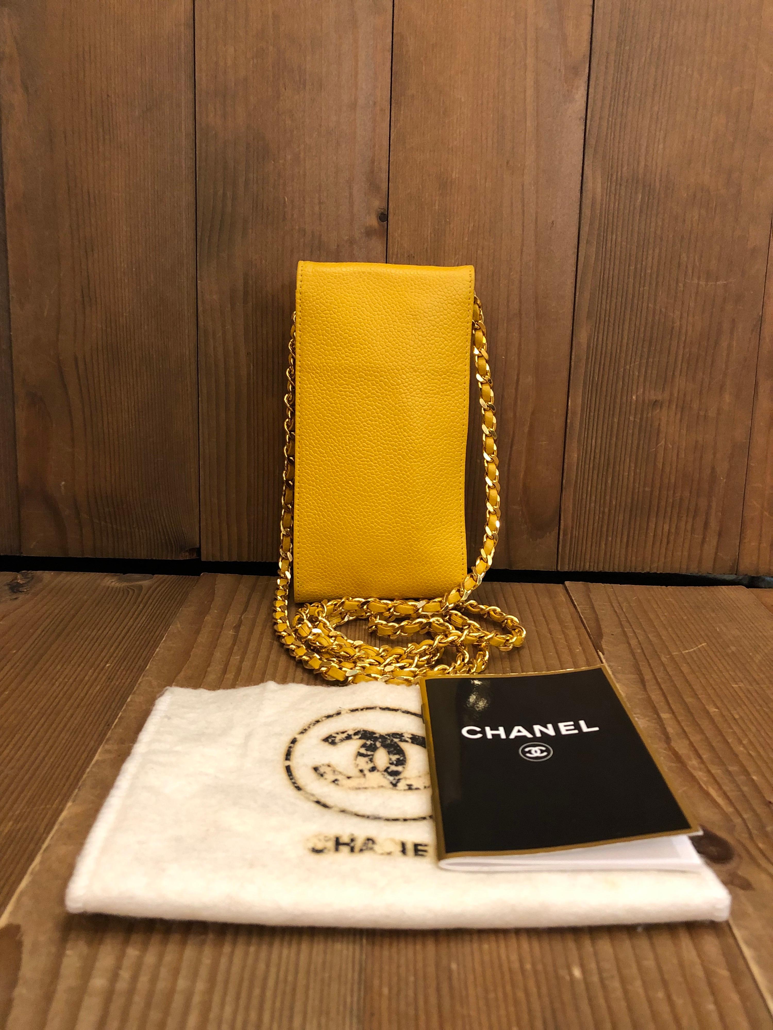 Orange 1990s Vintage CHANEL Calfskin Caviar Leather Chain Pouch Bag Yellow For Sale