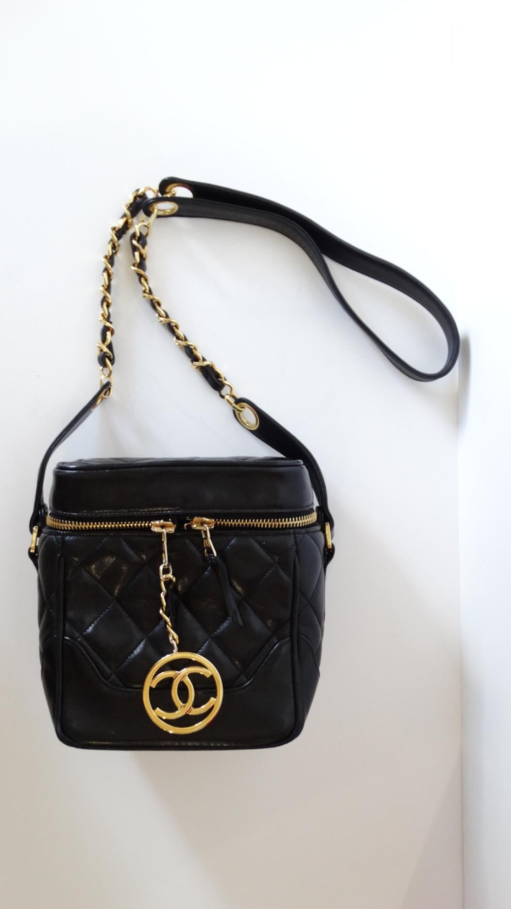 Chanel 1990s Black Quilted Caviar Leather Camera Bag  7