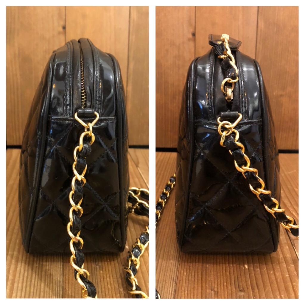 1990s Chanel Black Quilted Patent Leather Chain Crossbody Bag  2