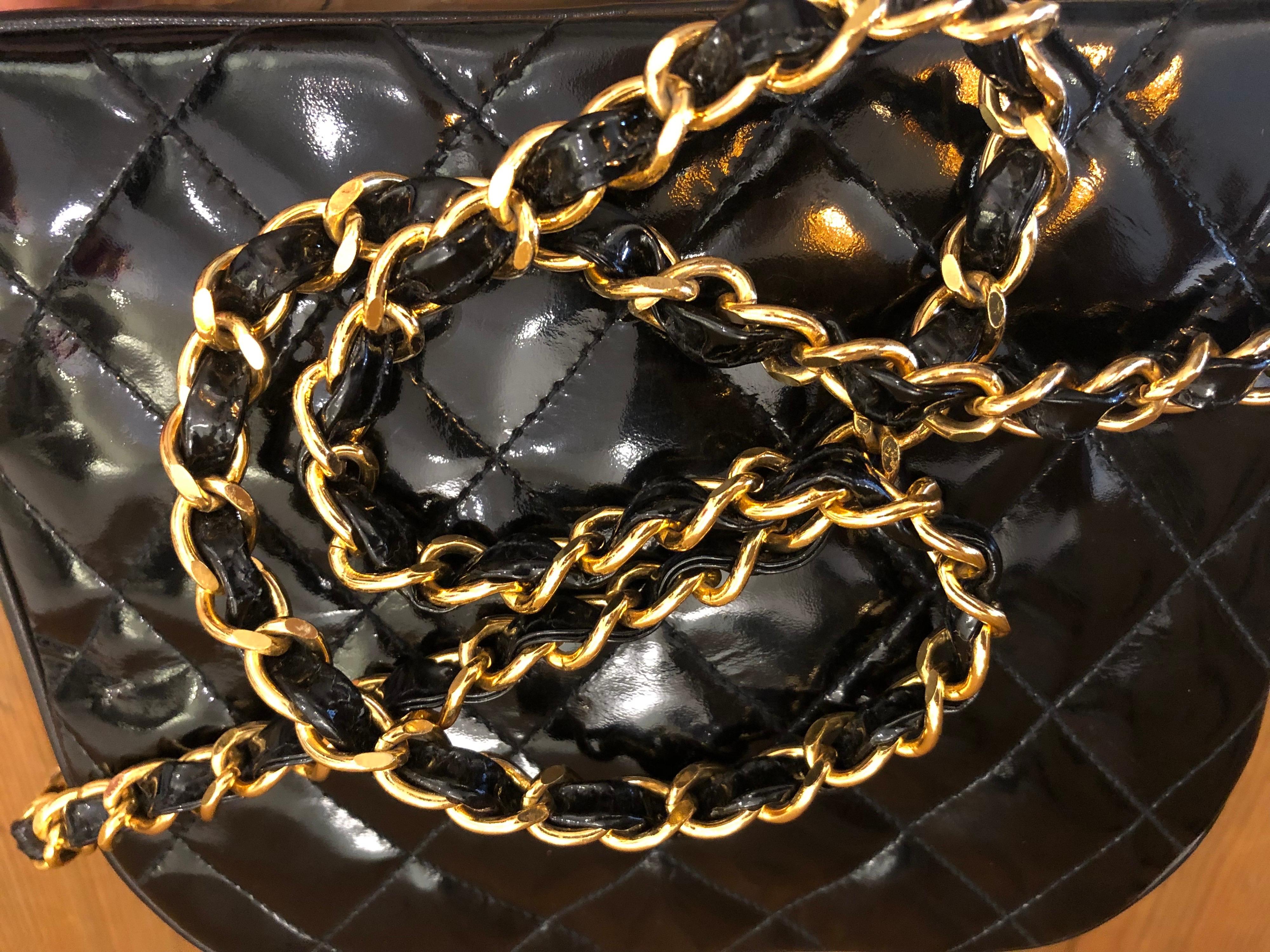 1990s Chanel Black Quilted Patent Leather Chain Crossbody Bag  4