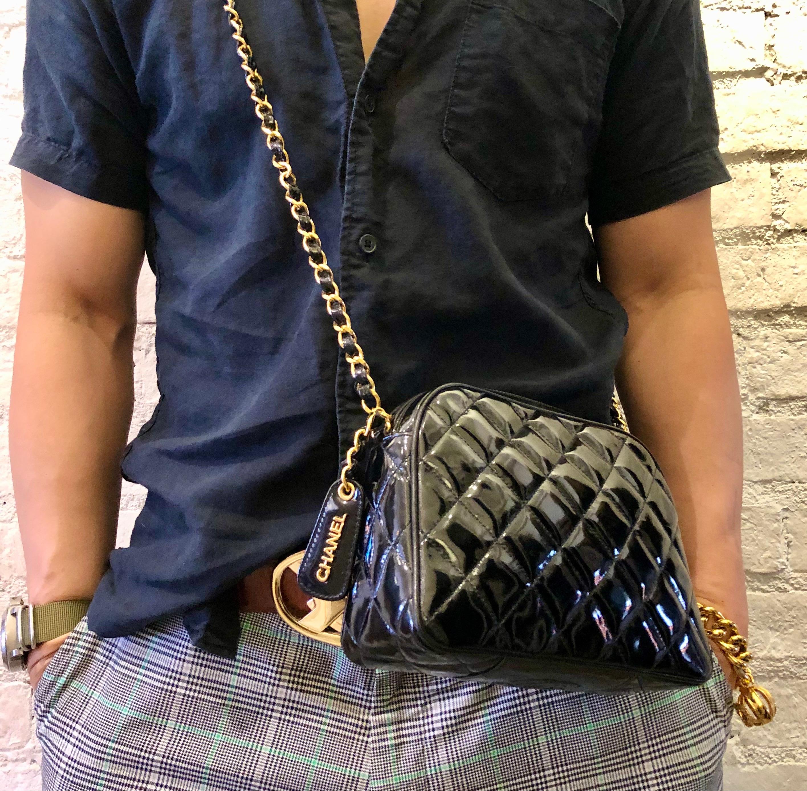 1990s Chanel Black Quilted Patent Leather Chain Crossbody Bag  5