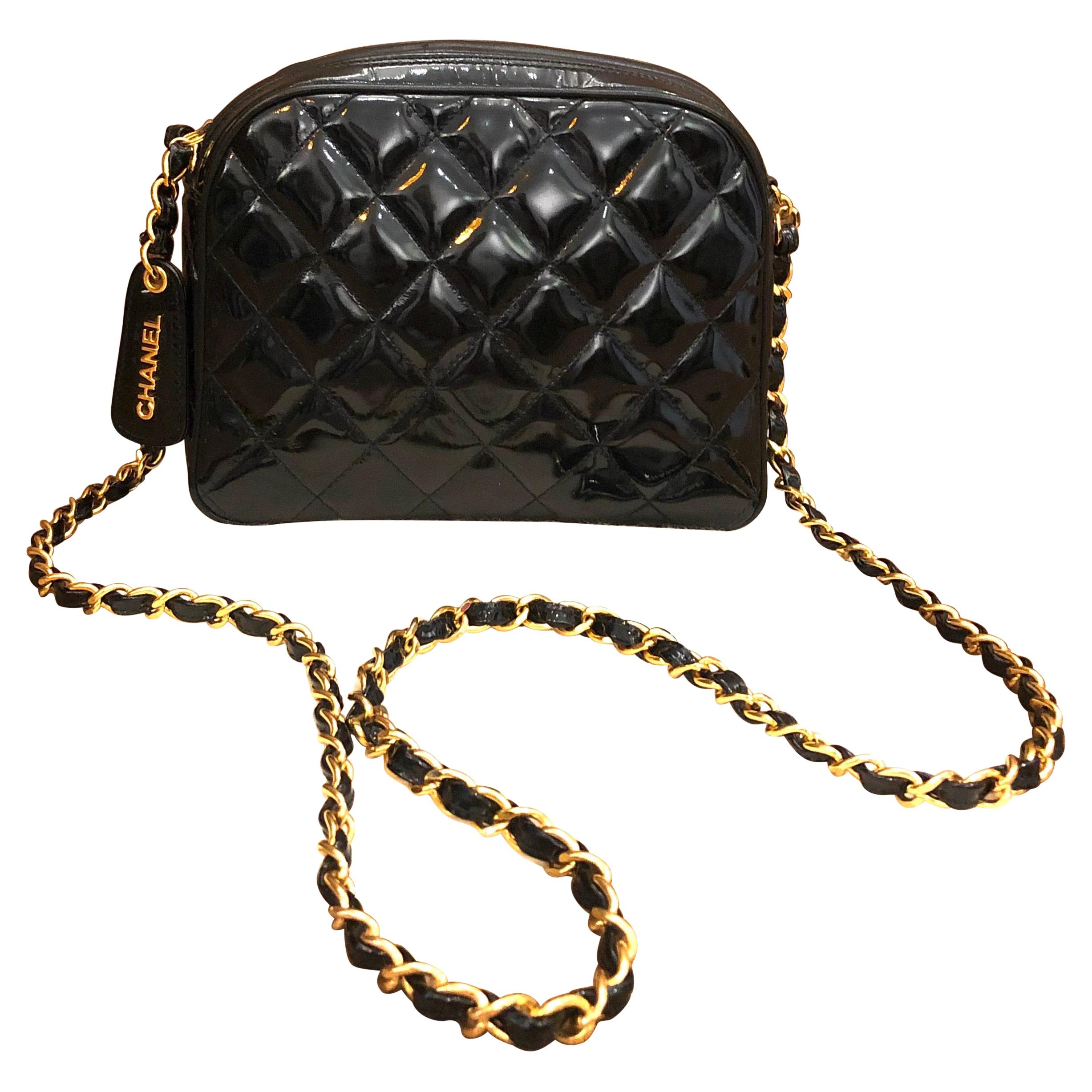 1990s Chanel Black Quilted Patent Leather Chain Crossbody Bag 