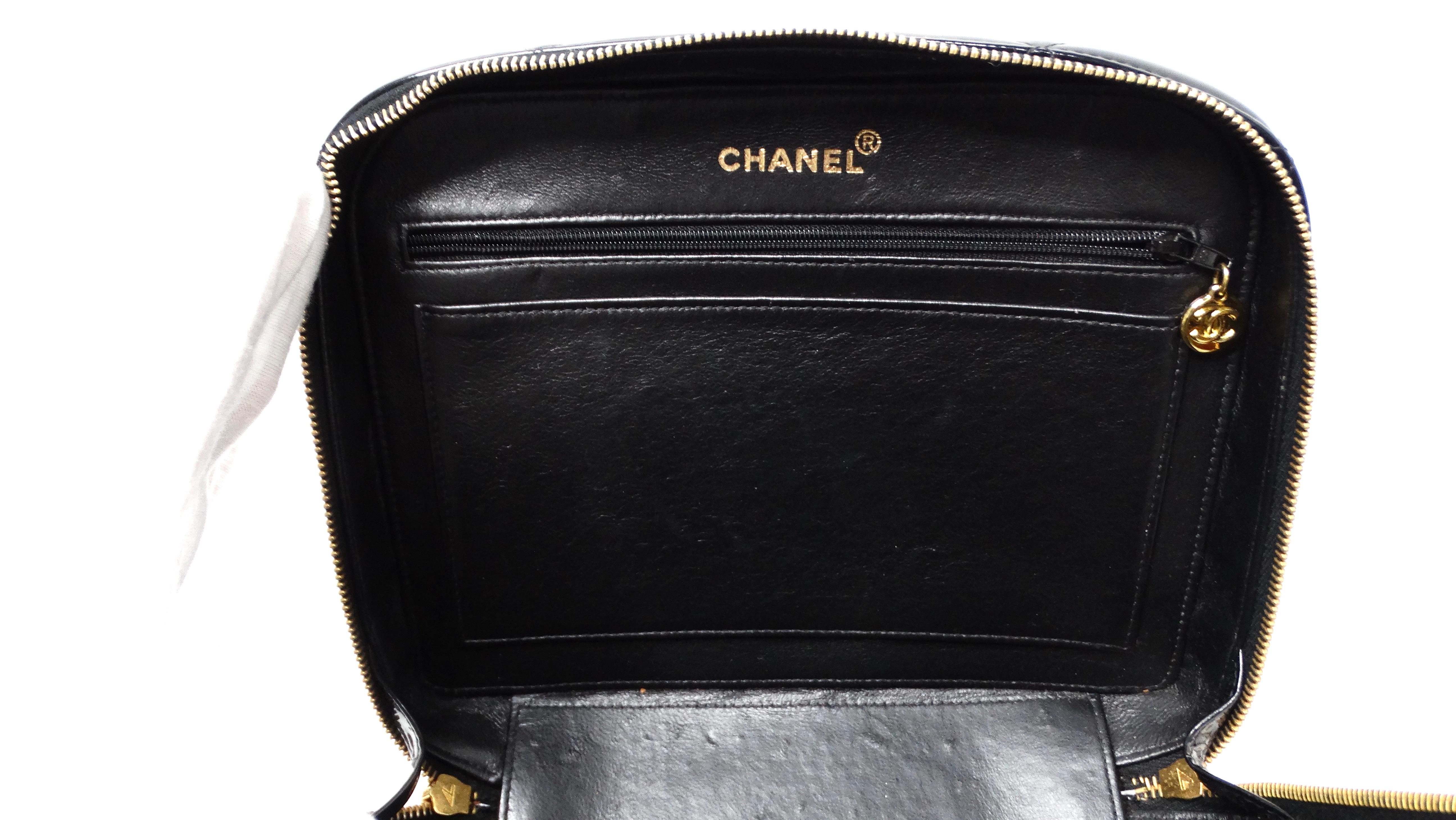 1990s Chanel Black Quilted Patent Leather Zip-Around Box Top Handle Bag For Sale 6