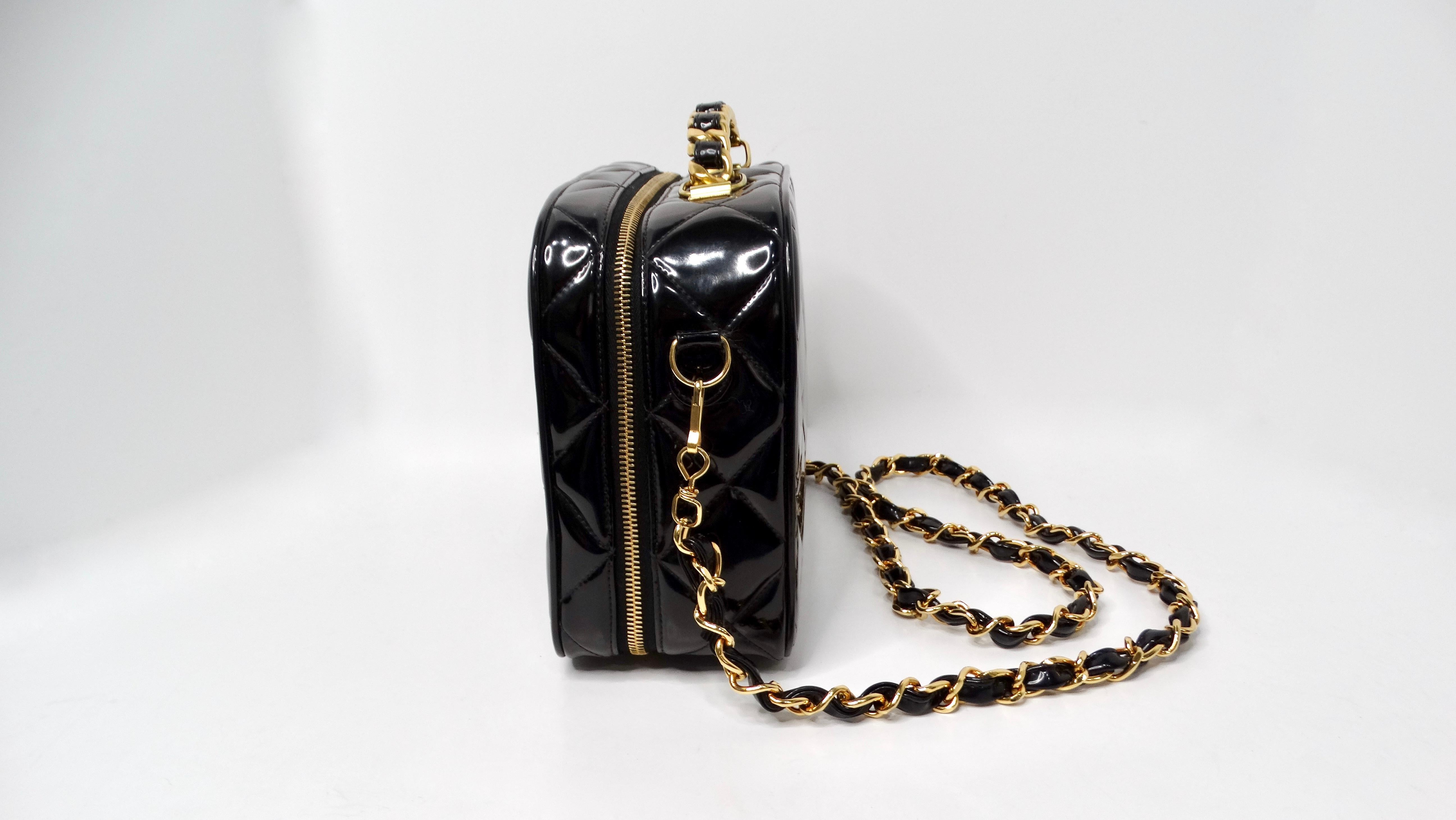 Women's or Men's 1990s Chanel Black Quilted Patent Leather Zip-Around Box Top Handle Bag For Sale