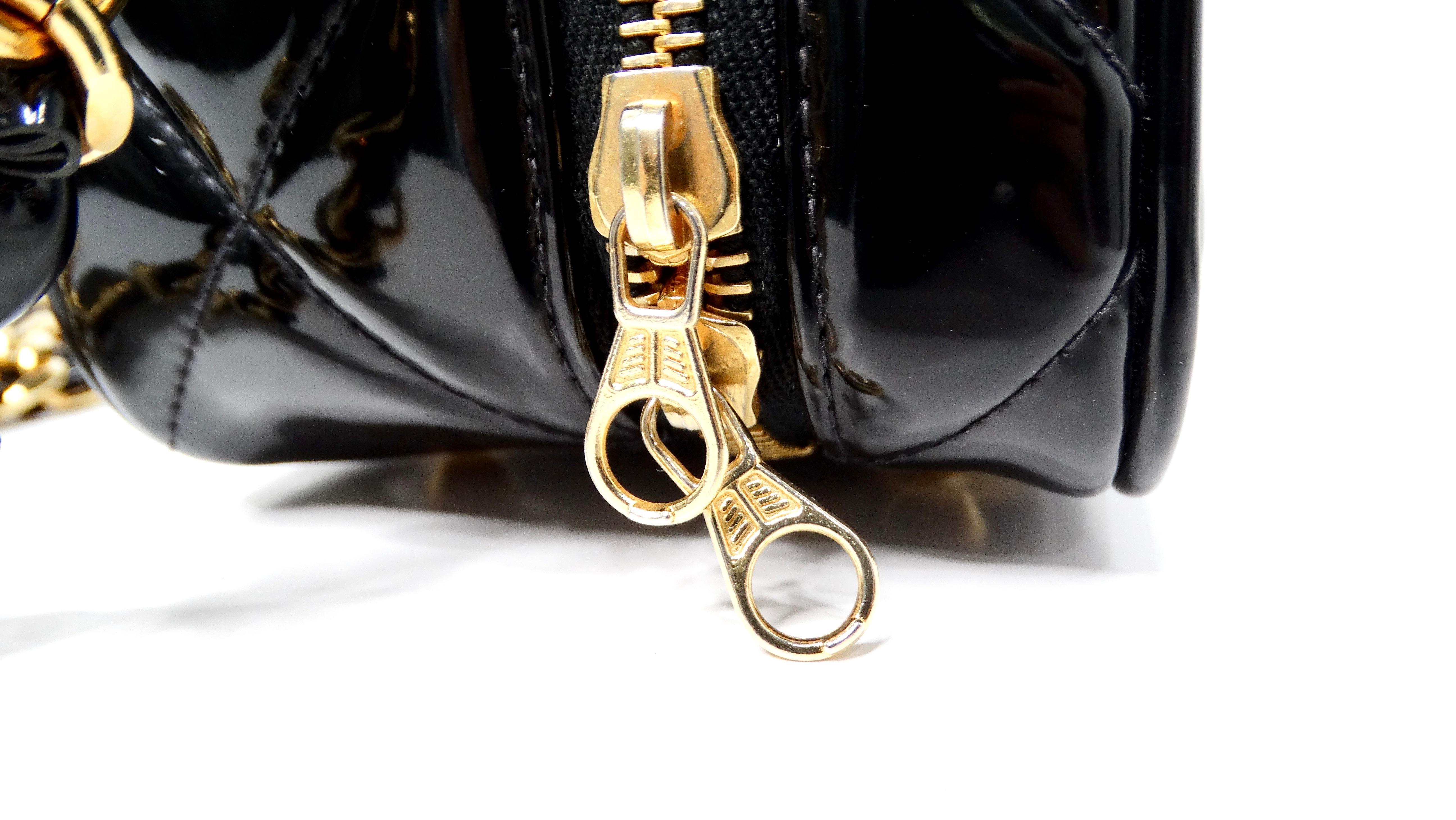 1990s Chanel Black Quilted Patent Leather Zip-Around Box Top Handle Bag For Sale 1