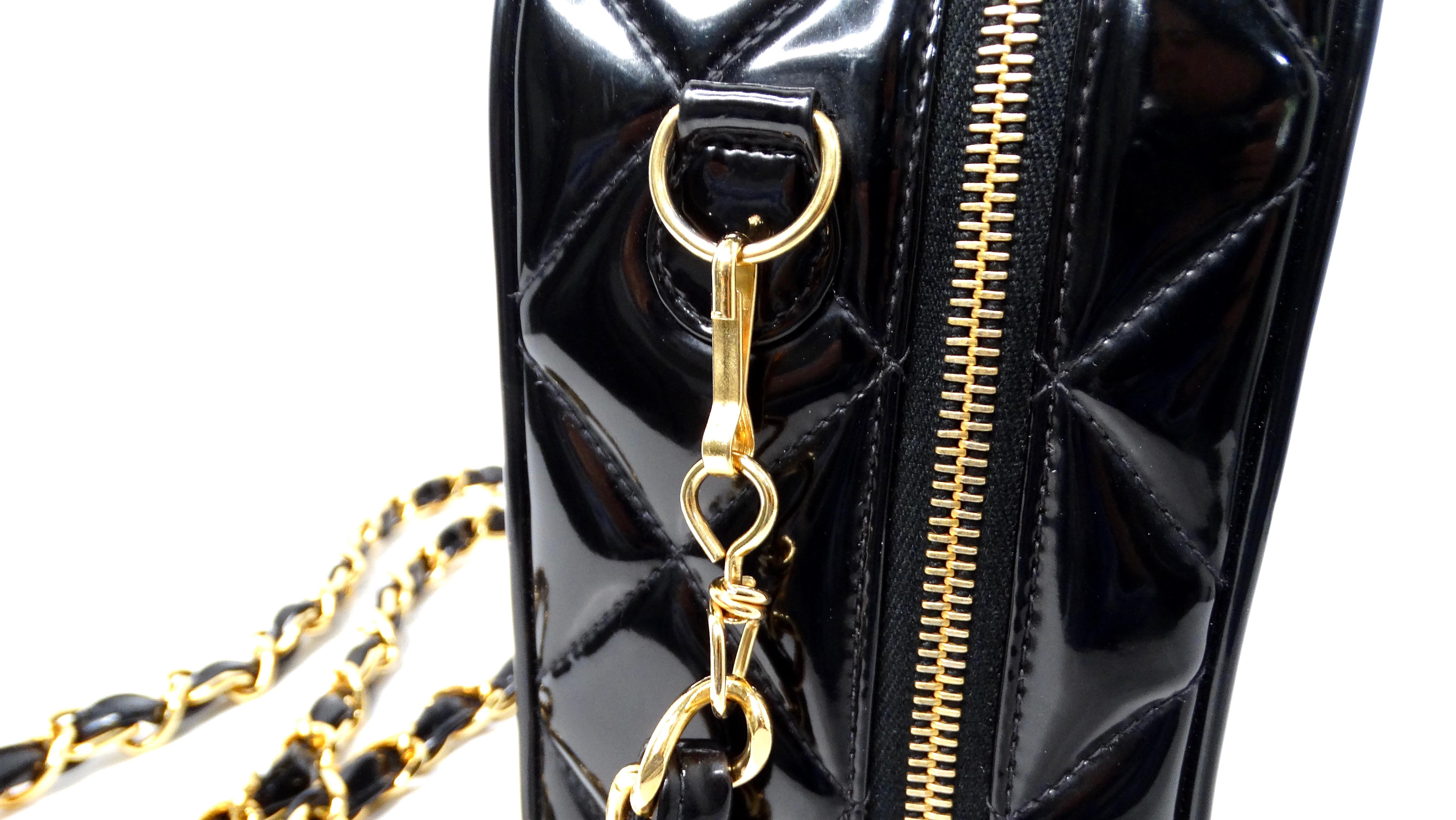 1990s Chanel Black Quilted Patent Leather Zip-Around Box Top Handle Bag For Sale 2