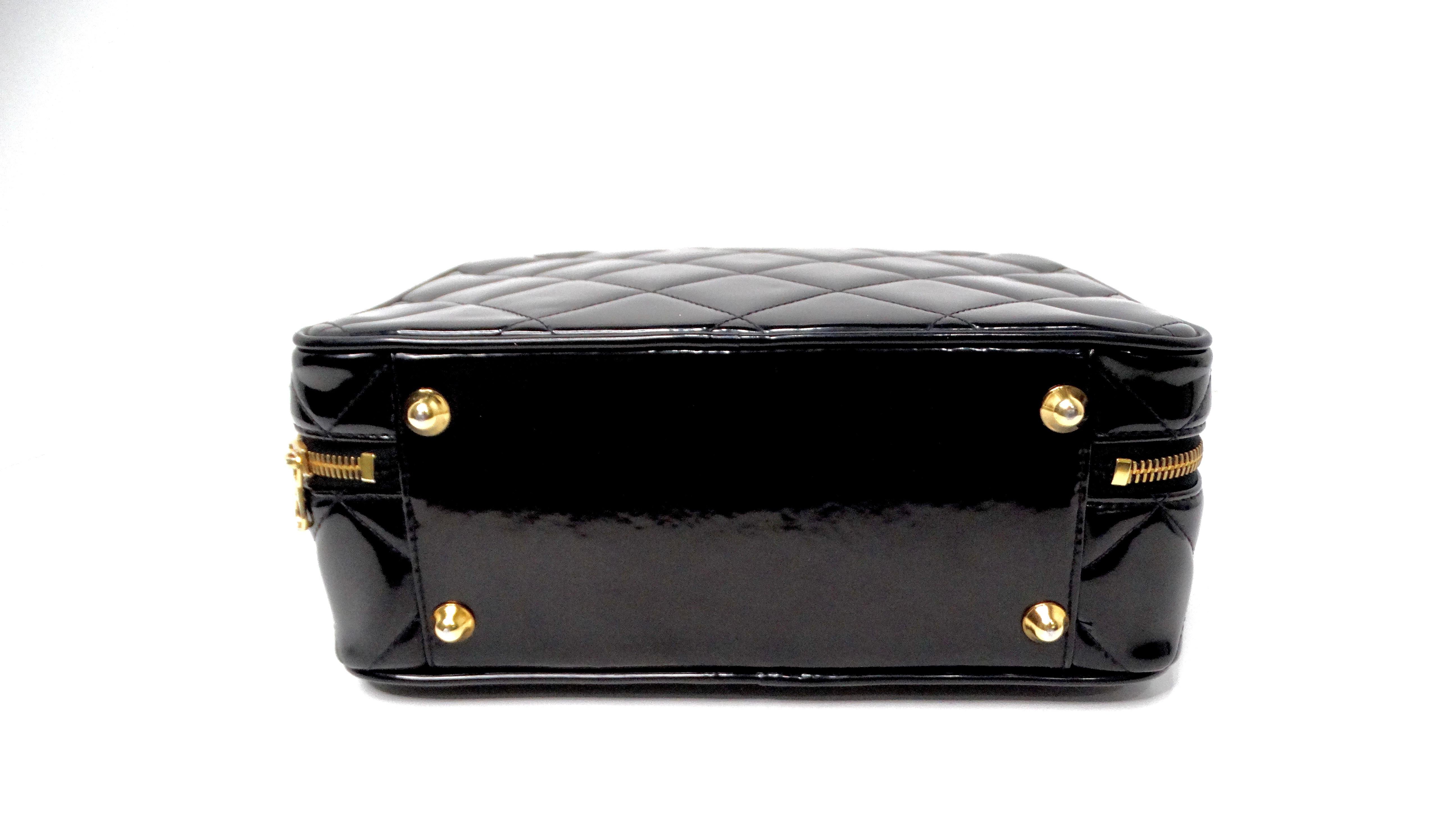 1990s Chanel Black Quilted Patent Leather Zip-Around Box Top Handle Bag For Sale 4