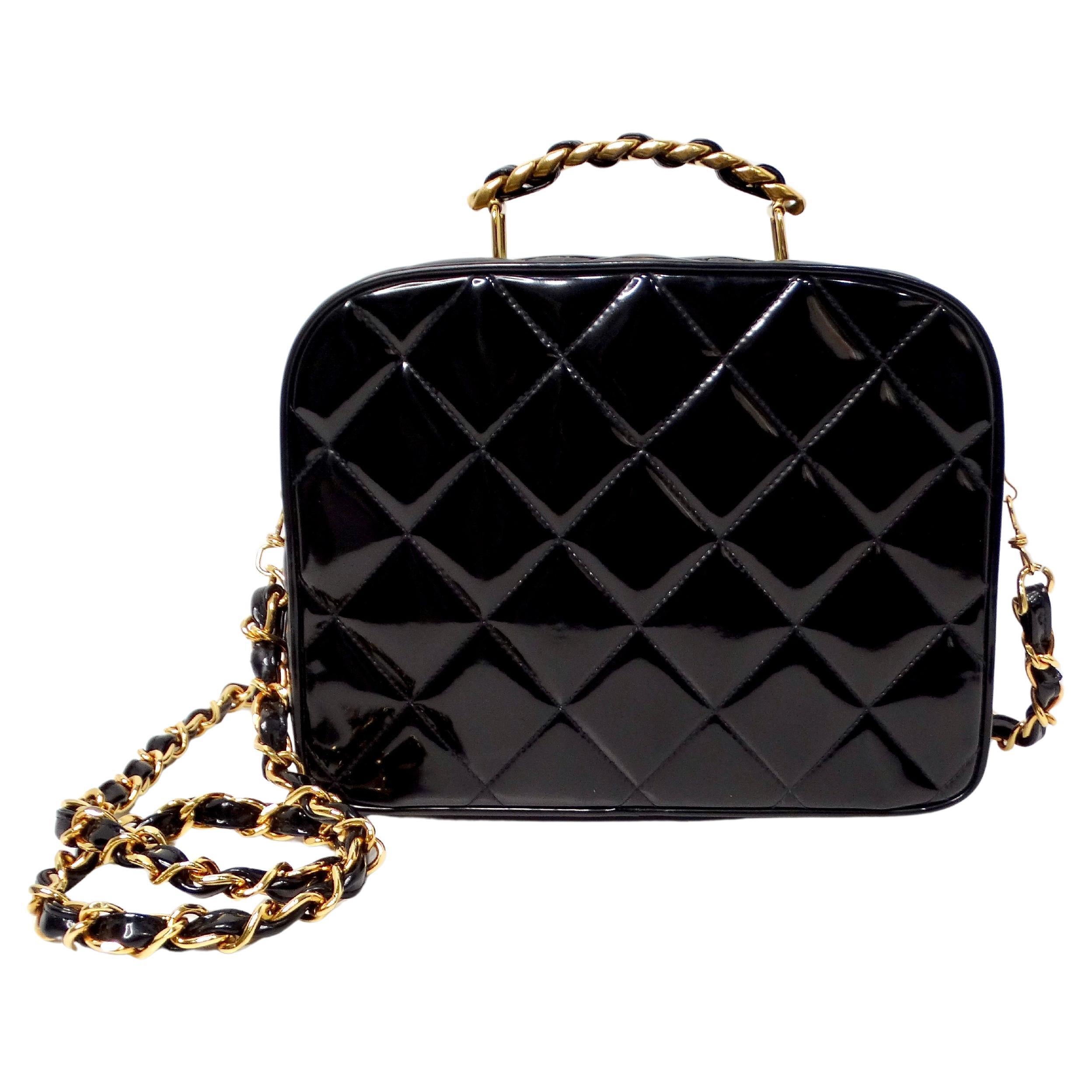 1990s Chanel Black Quilted Patent Leather Zip-Around Box Top Handle Bag For Sale