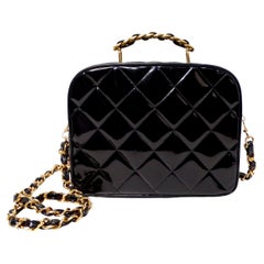 1990s Chanel Black Quilted Patent Leather Zip-Around Box Top Handle Bag