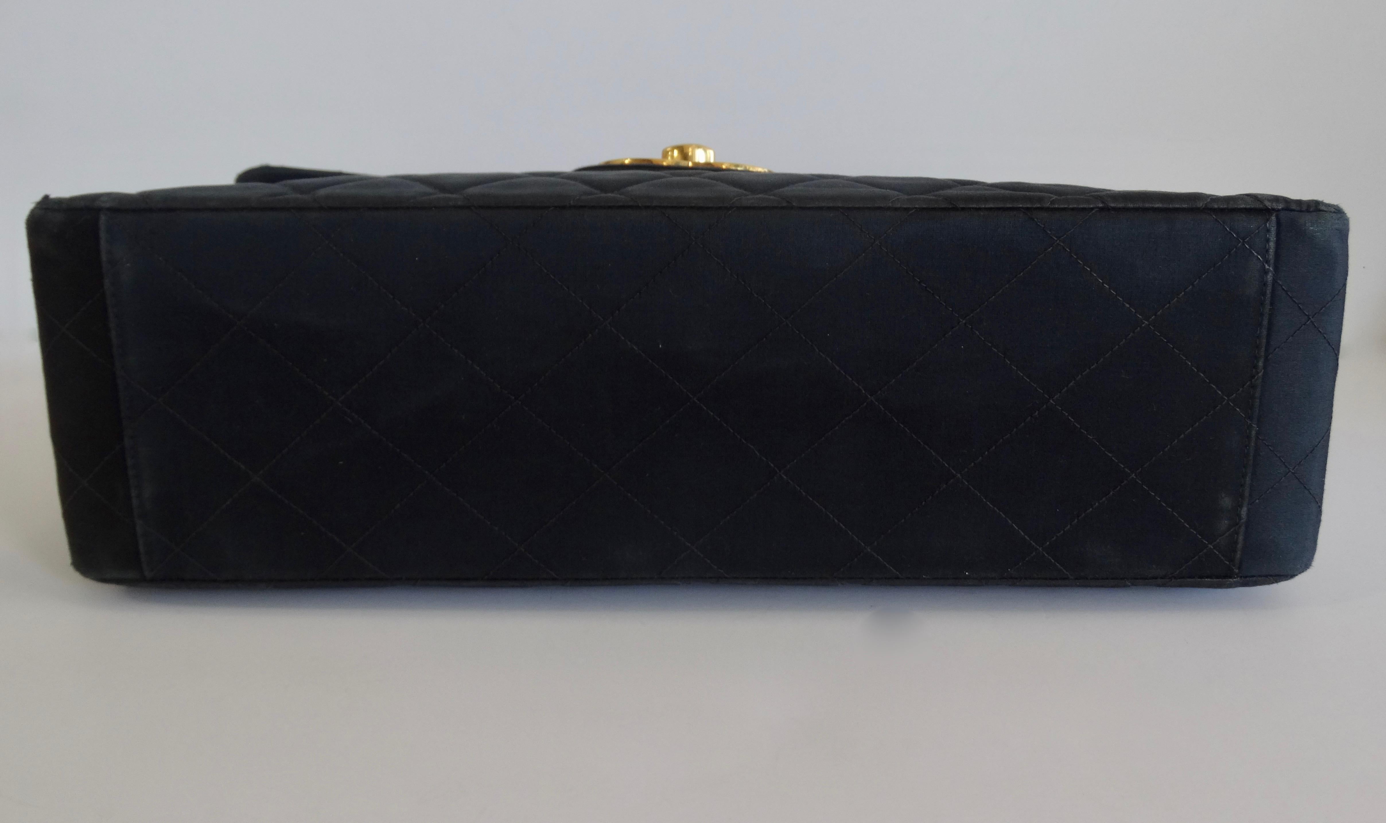 Chanel Black 1990s Quilted Satin Classic Single Flap Jumbo Bag at 1stDibs