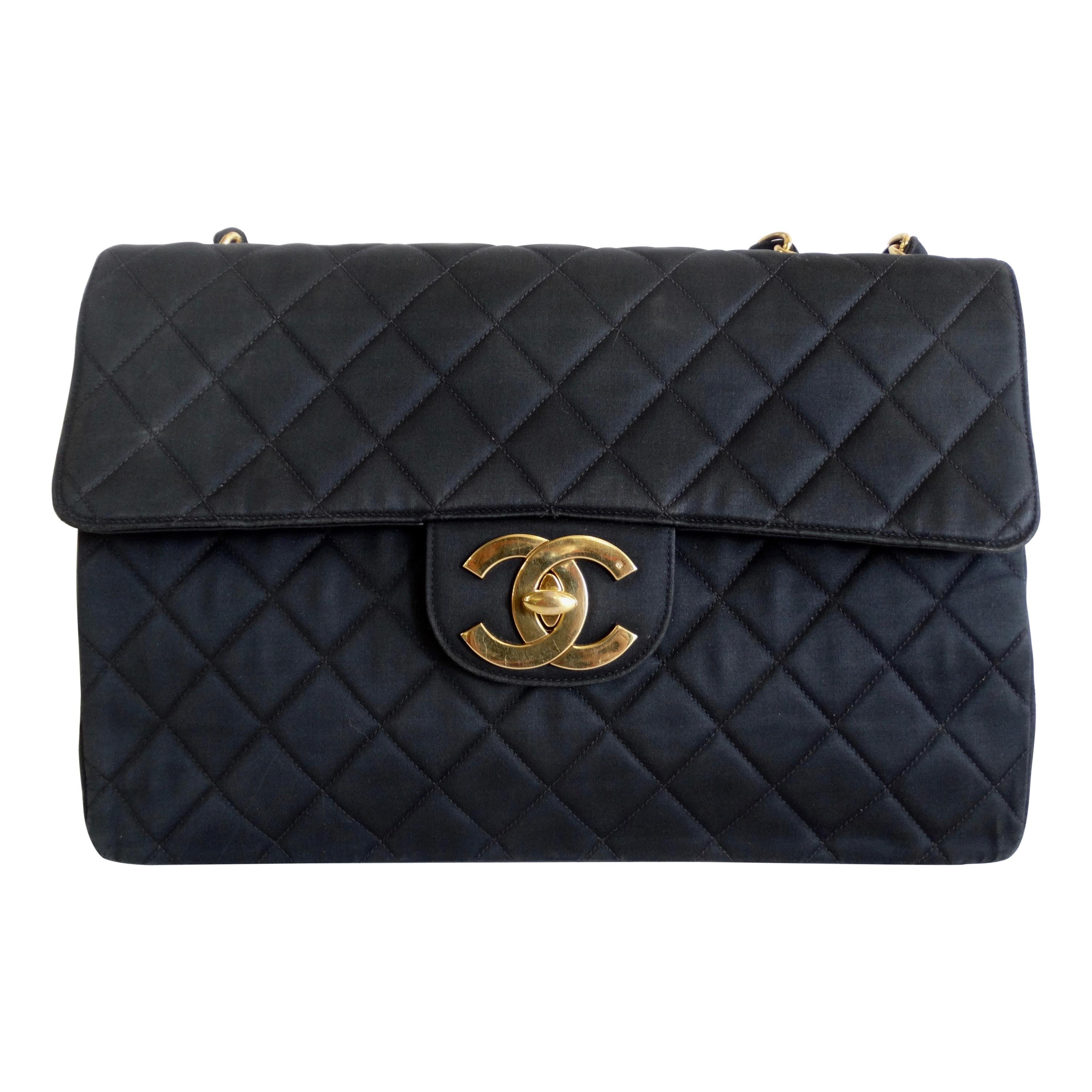 Chanel Black 1990s Quilted Satin Classic Single Flap Jumbo Bag 