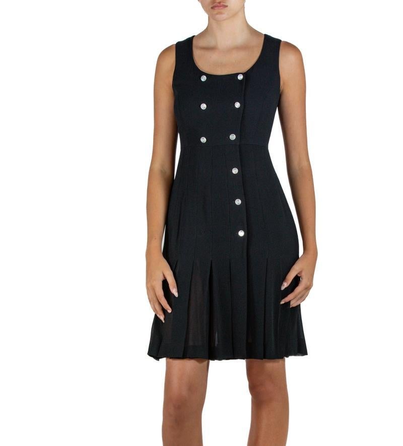 1990S Chanel Black Rayon & Silk Crepe Dress With Mother Of Pearl Logo Buttons For Sale 2