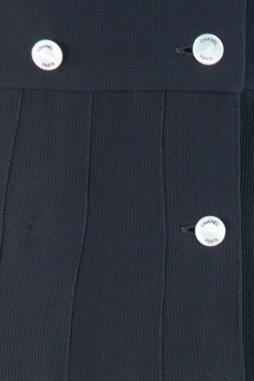 1990S Chanel Black Rayon & Silk Crepe Dress With Mother Of Pearl Logo Buttons For Sale 6