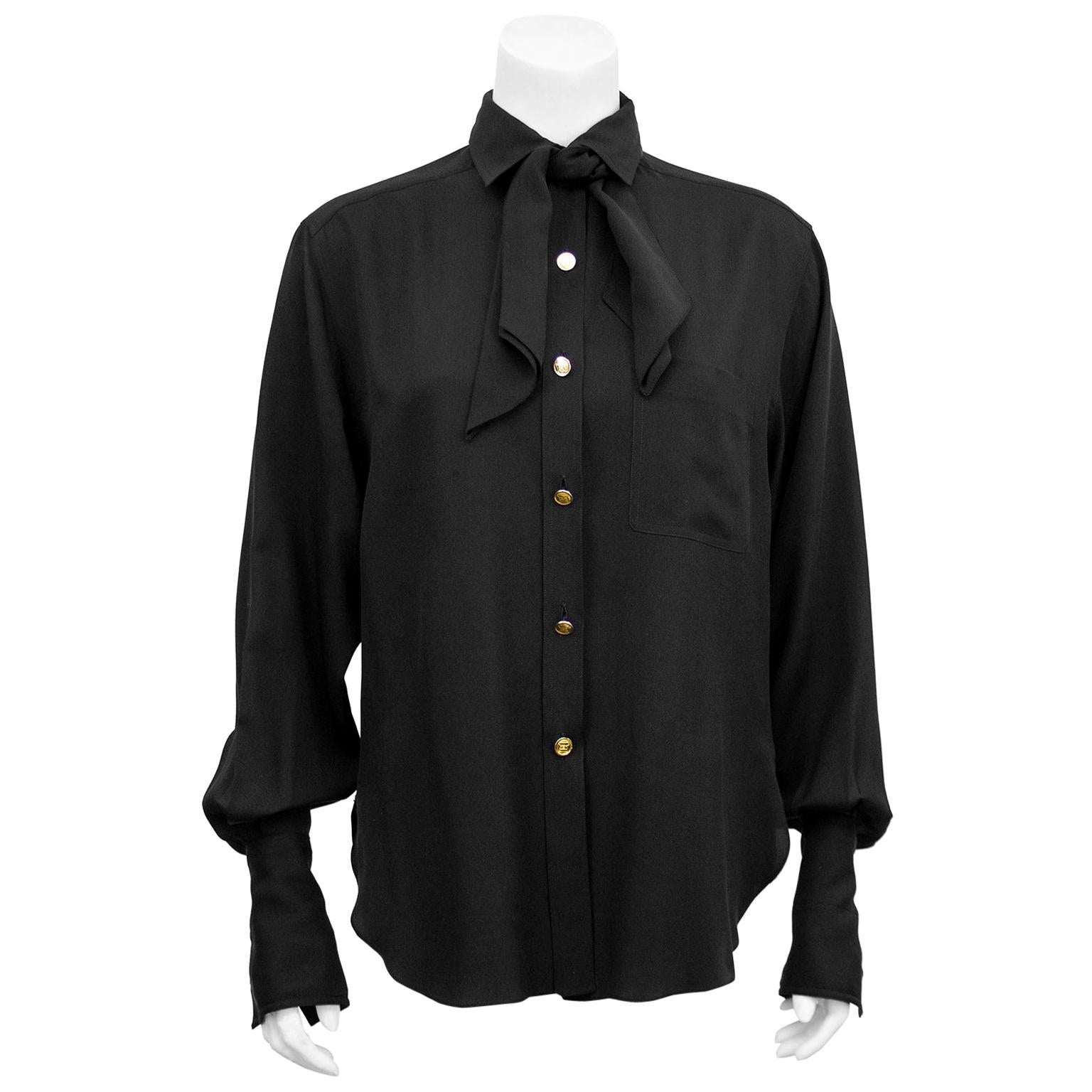1990s Chanel Black Silk Shirt with Necktie