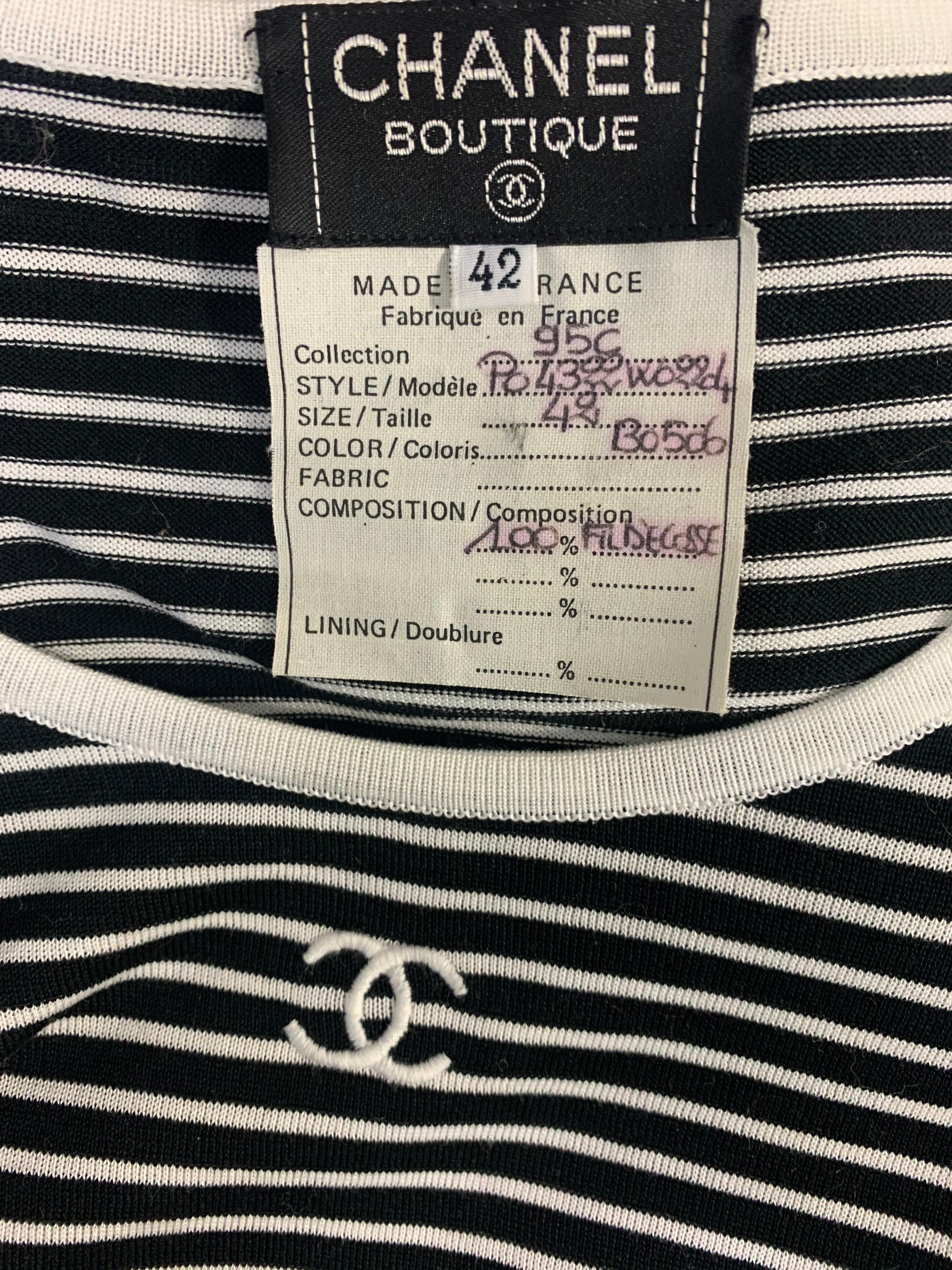 1990s Chanel Black & White Cotton Rib Knit Striped Pullover Top  7