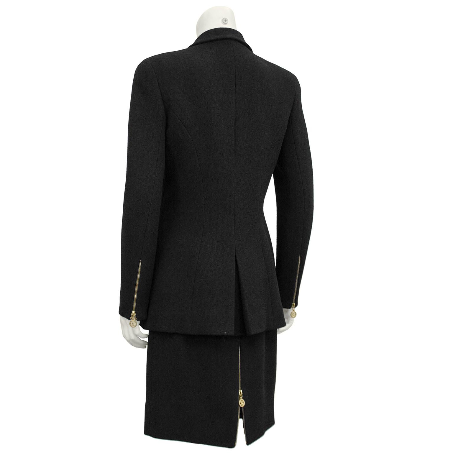 1990s Chanel Black Wool Skirt Suit with Large Gold Buttons  In Good Condition In Toronto, Ontario
