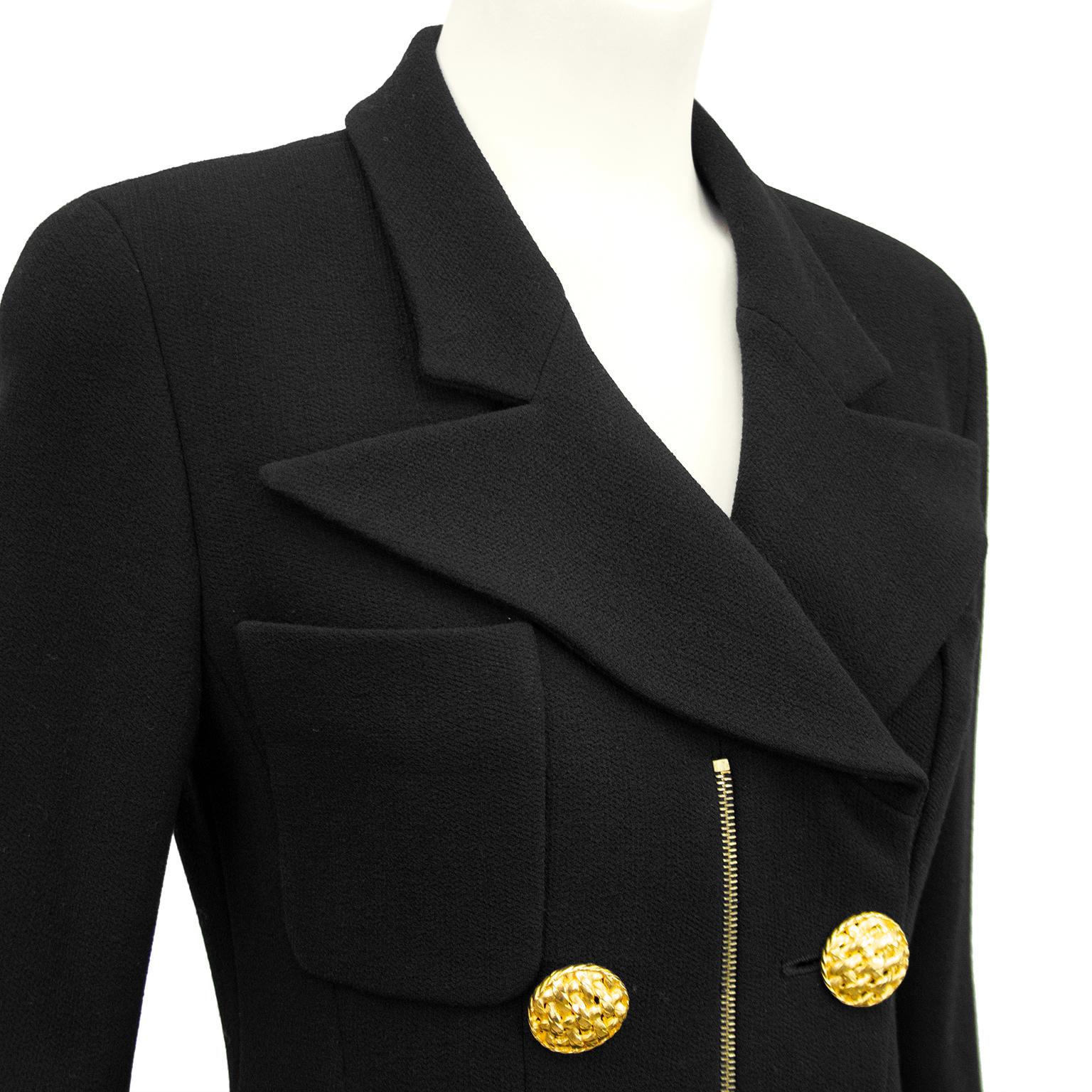 1990s Chanel Black Wool Skirt Suit with Large Gold Buttons  1