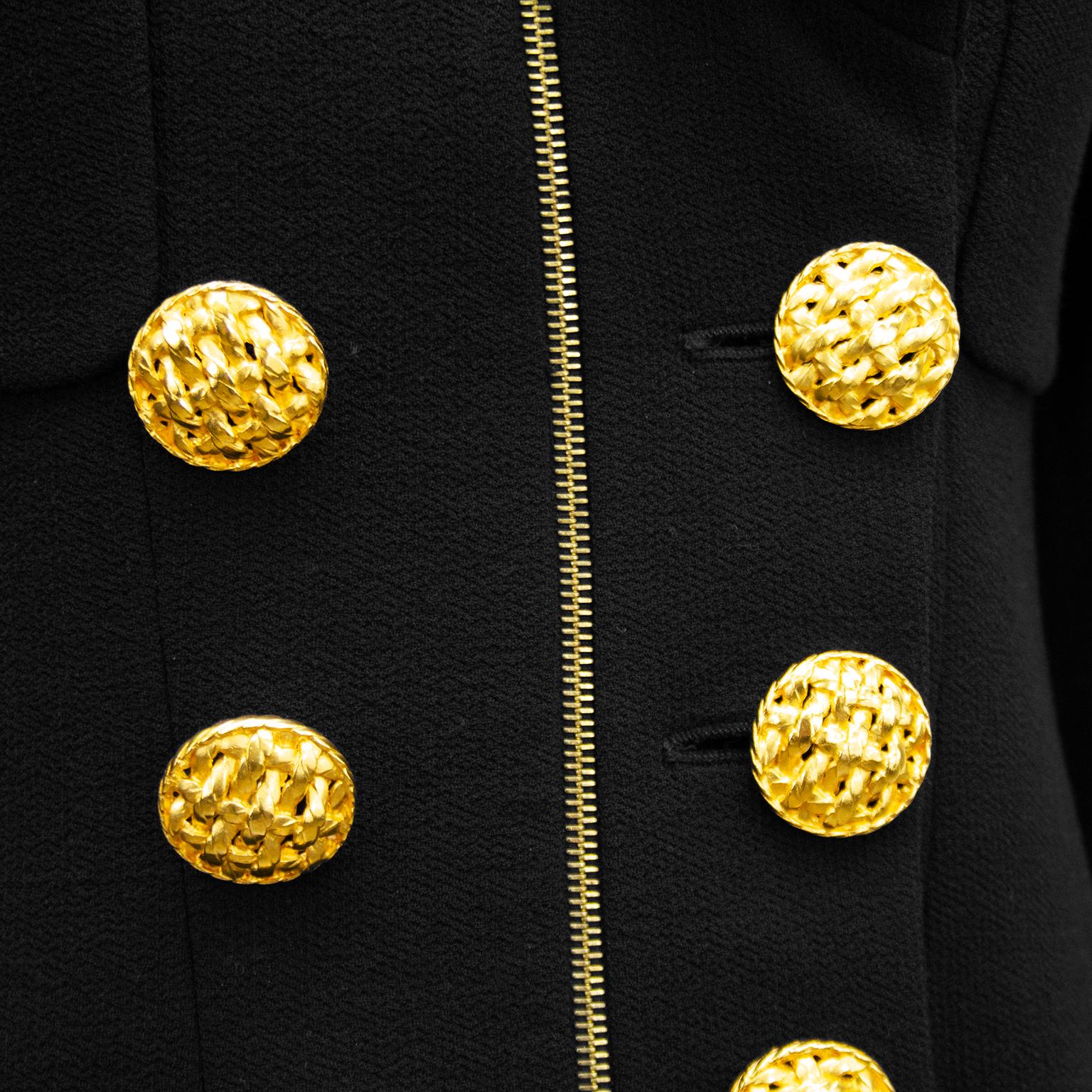 1990s Chanel Black Wool Skirt Suit with Large Gold Buttons  2