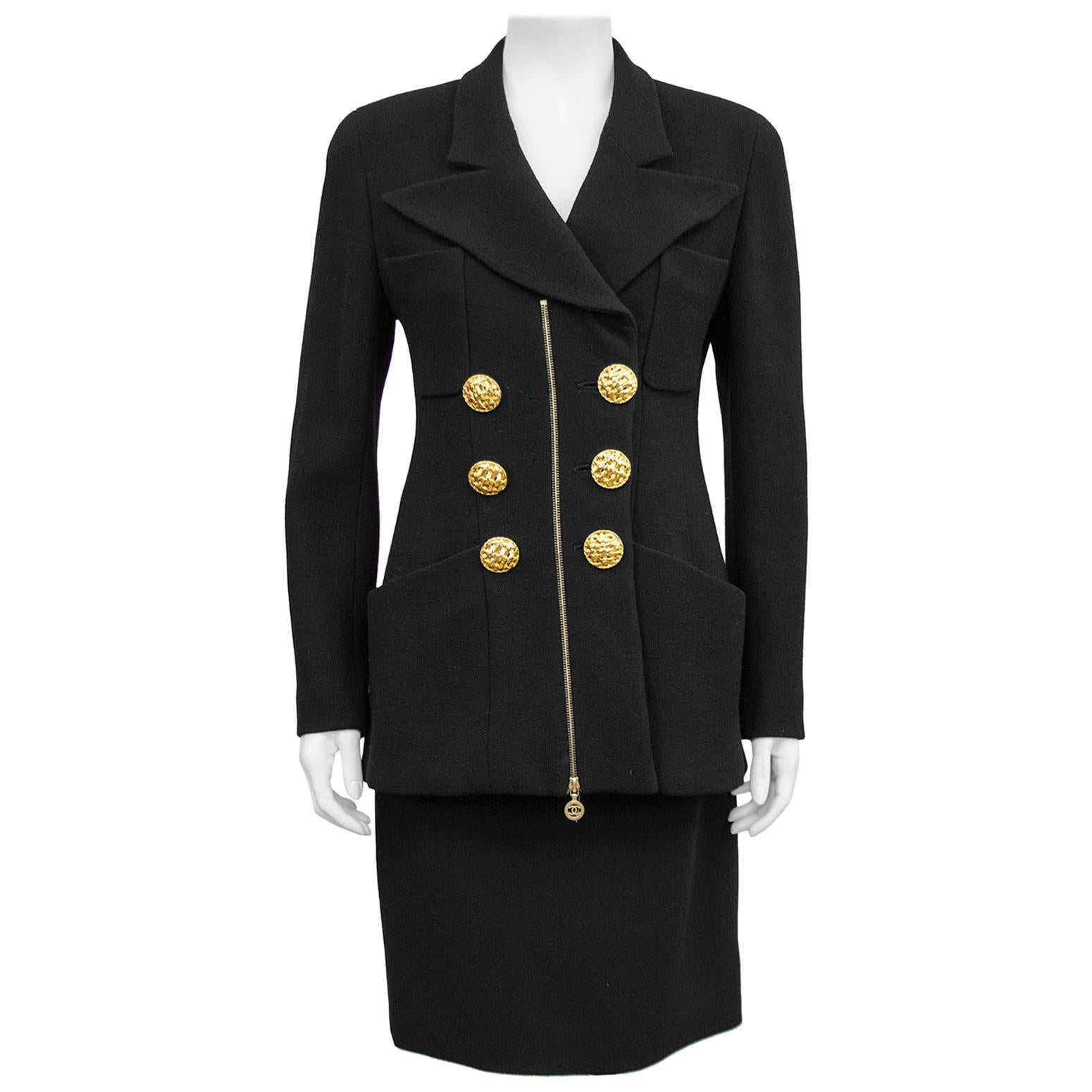 1990s Chanel Black Wool Skirt Suit with Large Gold Buttons 